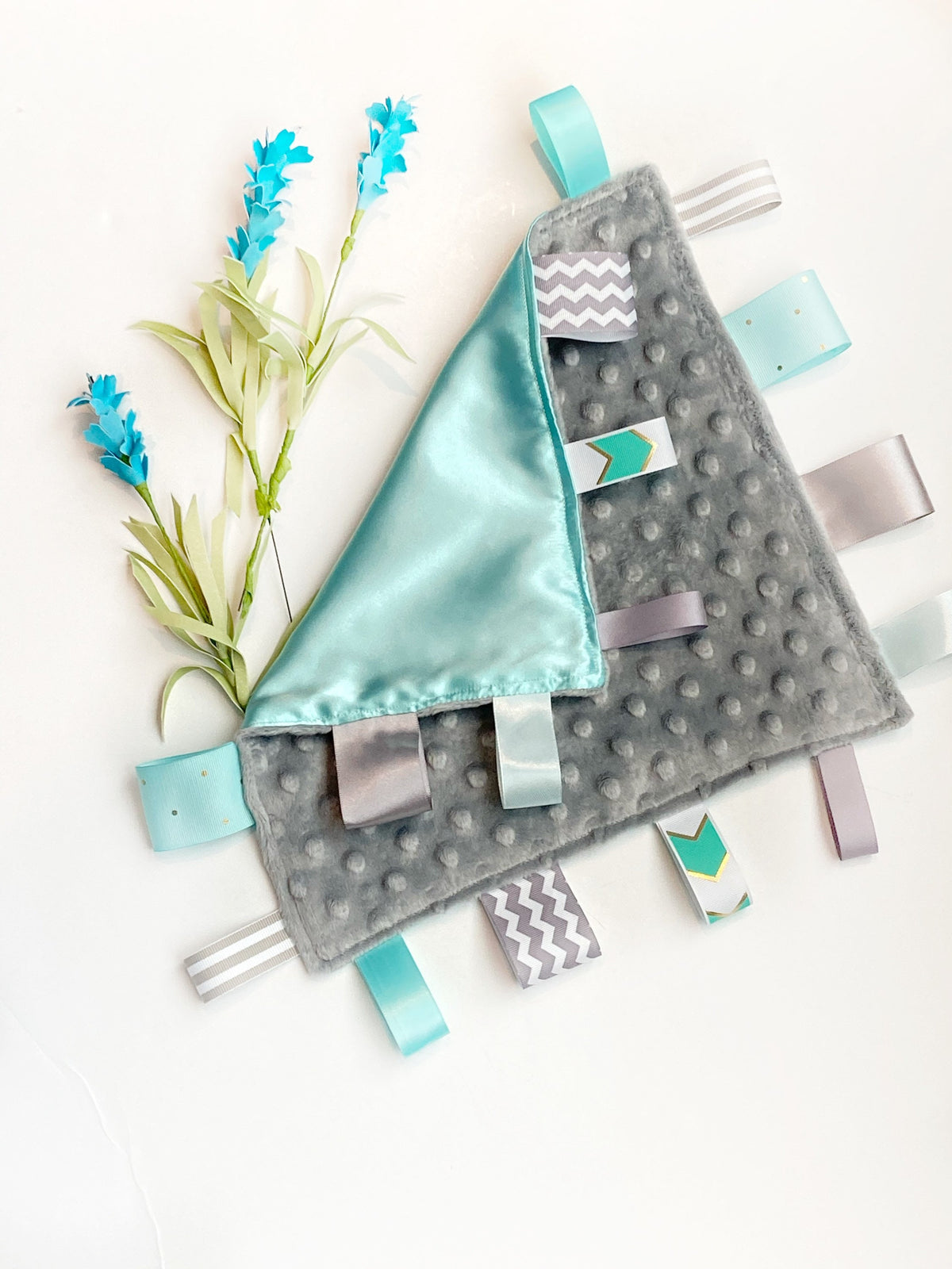 Satin and minky sensory Blanket lovey with ribbon tags and personalize option, baby shower gift for boy or girl 12" size with color choices