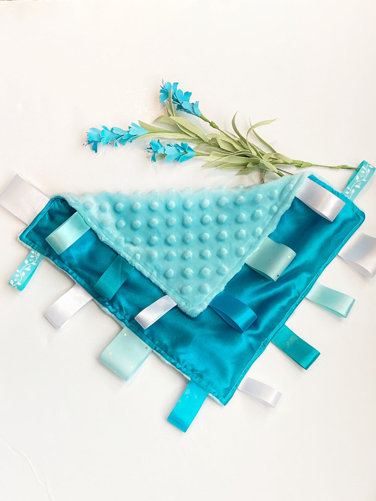 Pastel mint green satin and minky sensory lovey with ribbon tags and personalize option, gift for boy or girl 12" size with color choices