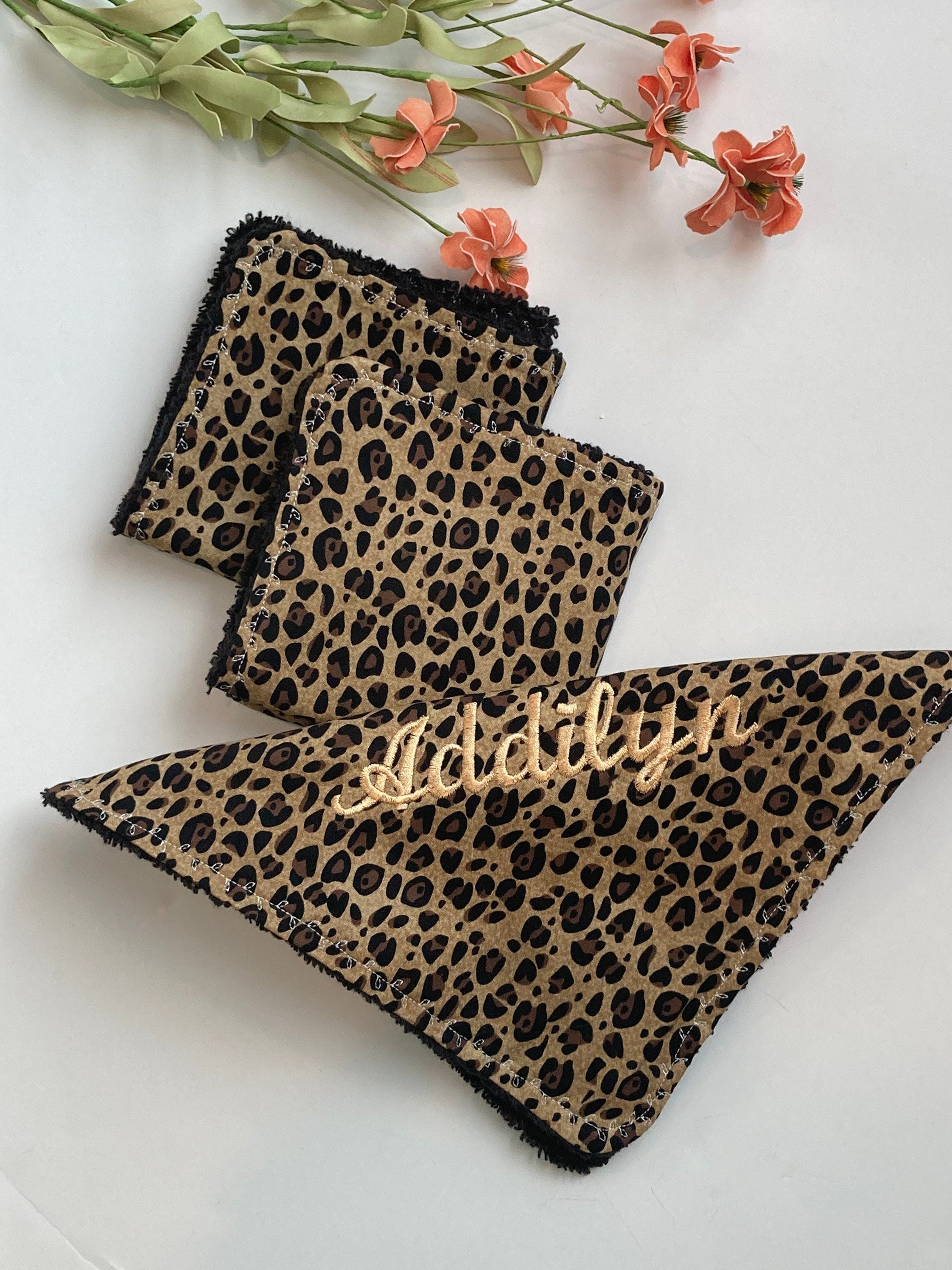 Personalize make up removal wash cloths in leopard cotton print with terry cloth back, mom gift set of 3, special gift with monogram option