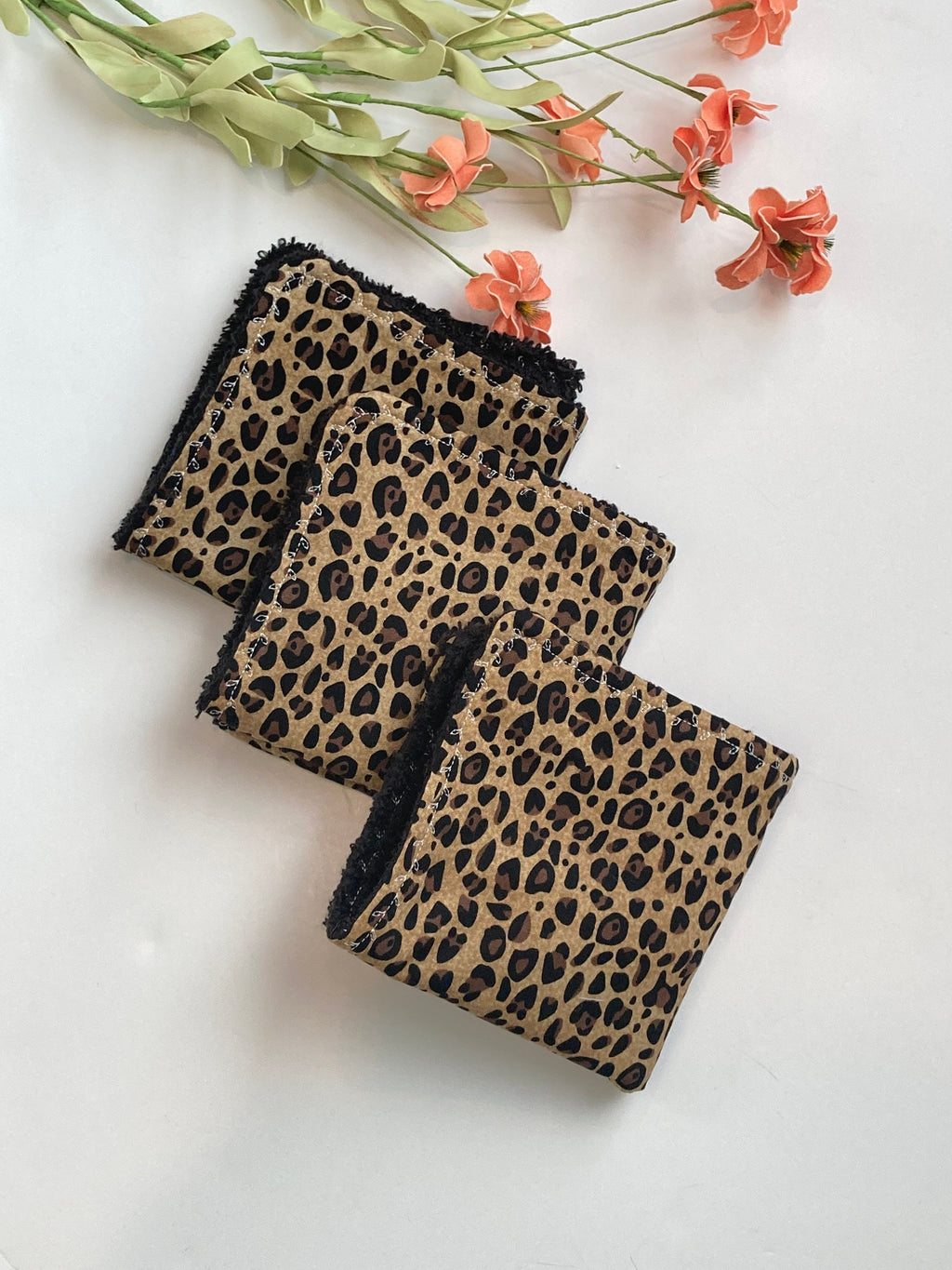 Personalize make up removal wash cloths in leopard cotton print with terry cloth back, mom gift set of 3, special gift with monogram option
