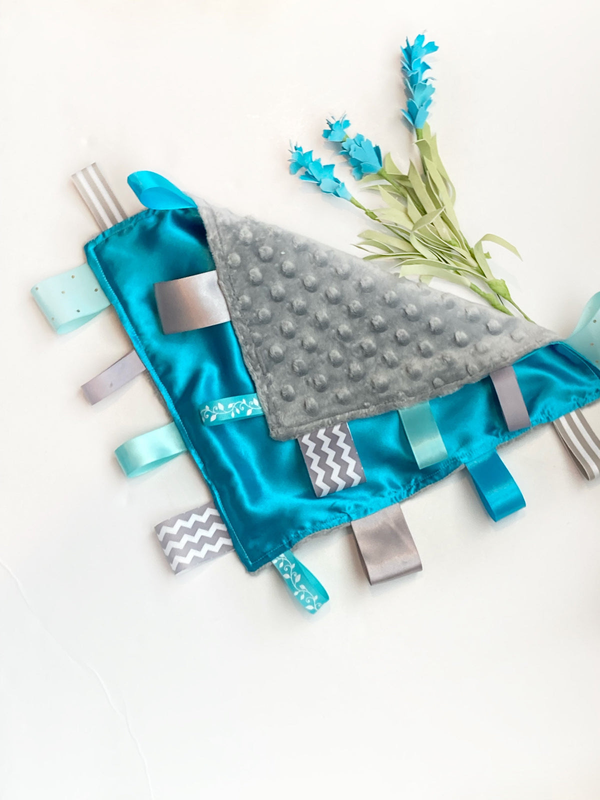 Satin and minky sensory Blanket lovey with ribbon tags and  personalize option, sensory baby shower gift boy or girl lovey 12" color choice