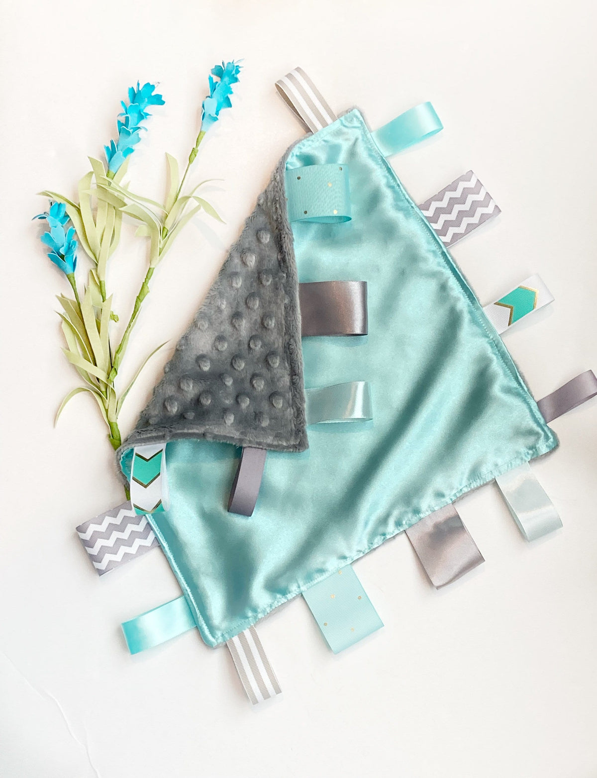 Satin and minky sensory Blanket lovey ~ ribbon tag ~ personalize sensory toy ~ baby shower gift ~ baby boy girl lovey - 12" - choose colors