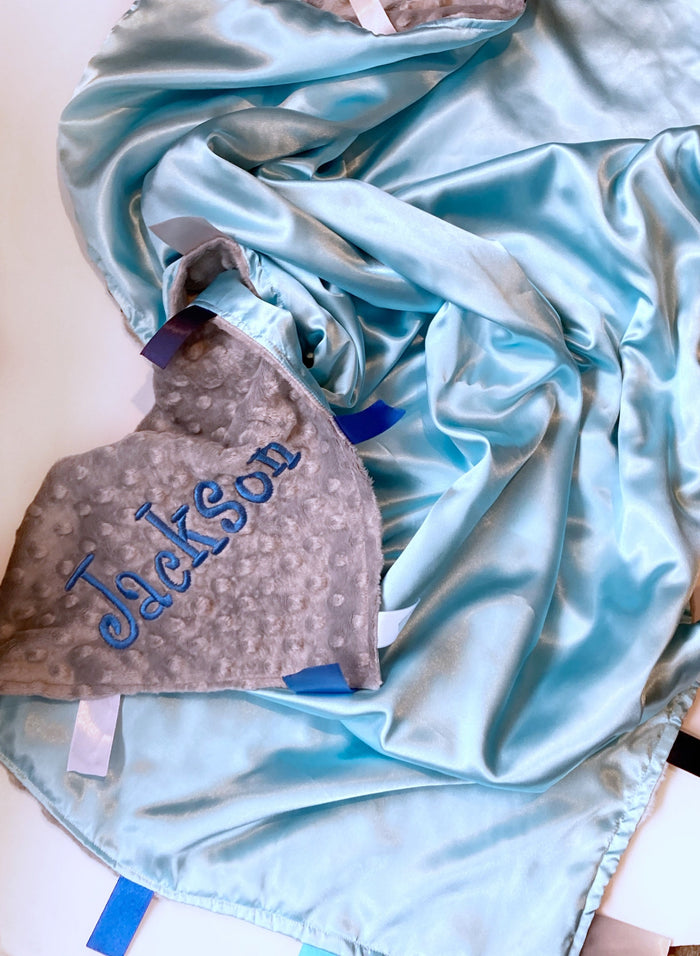 Personalize Satin and minky 30” x 40” large sensory Blanket with ribbon tags for girl or boy, baby or toddler, choose colors