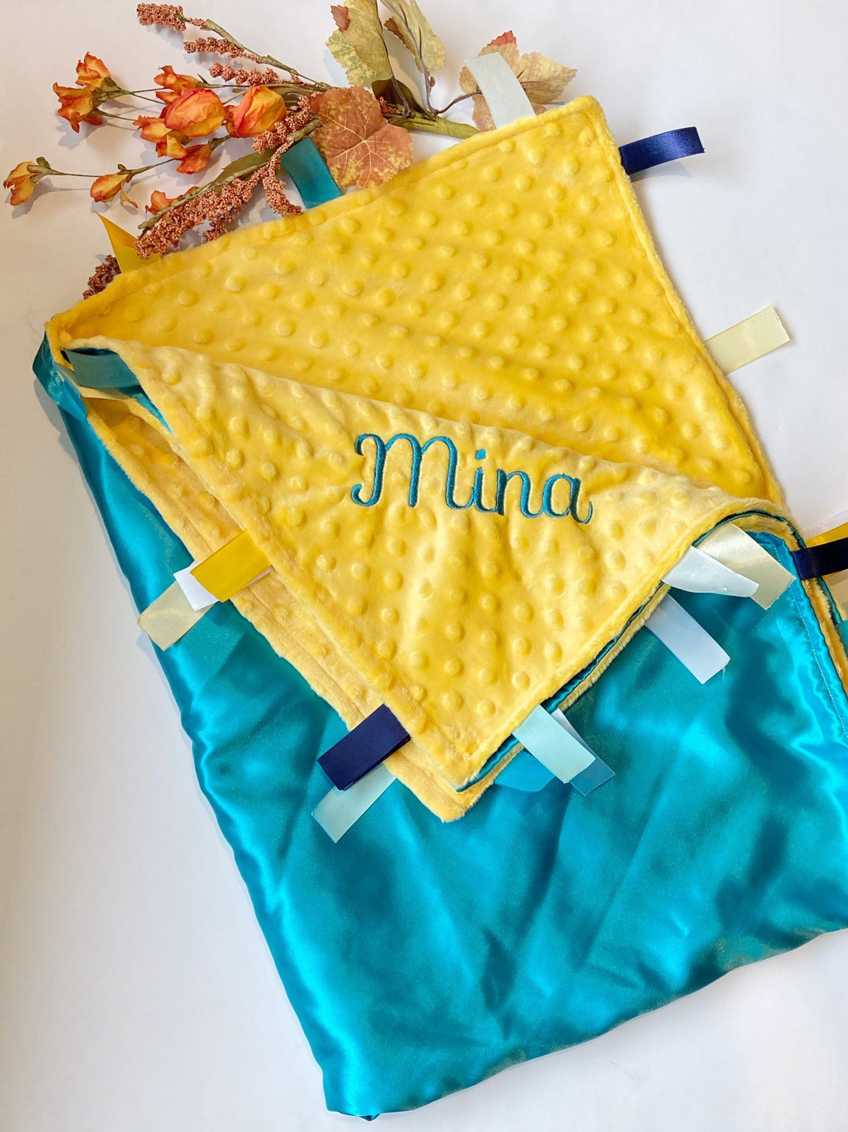 Personalize Satin and minky 30” x 40” large sensory Blanket with ribbon tags for girl or boy, baby or toddler, choose colors