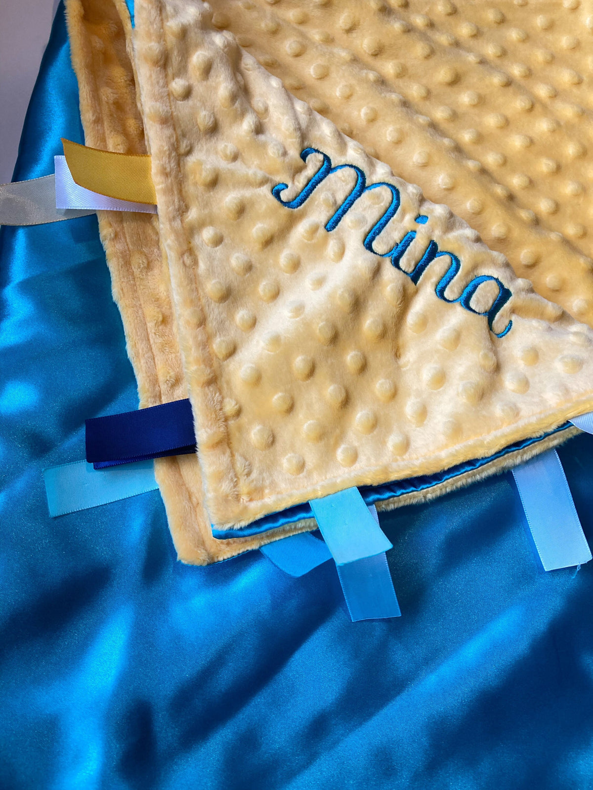 Personalize Satin and minky 30” x 40” large sensory Blanket with ribbon tags for girl or boy, baby or toddler, choose colors