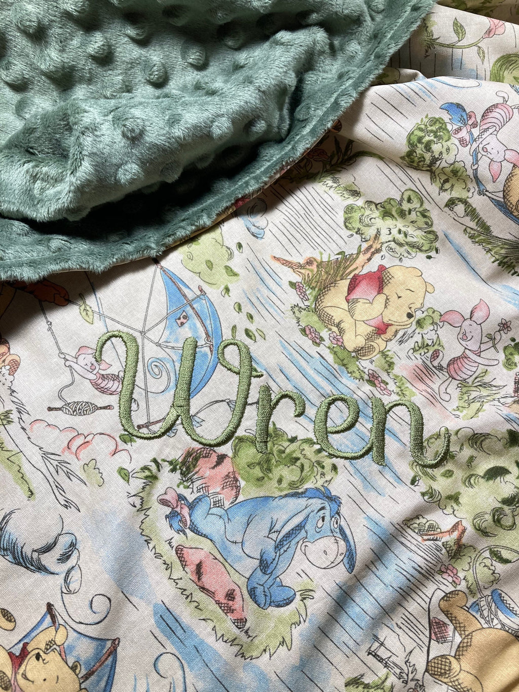 Personalized baby nursery blanket made from Winnie the Pooh fabric for boy or girl, cotton and minky or fur with Winnie embroidered option