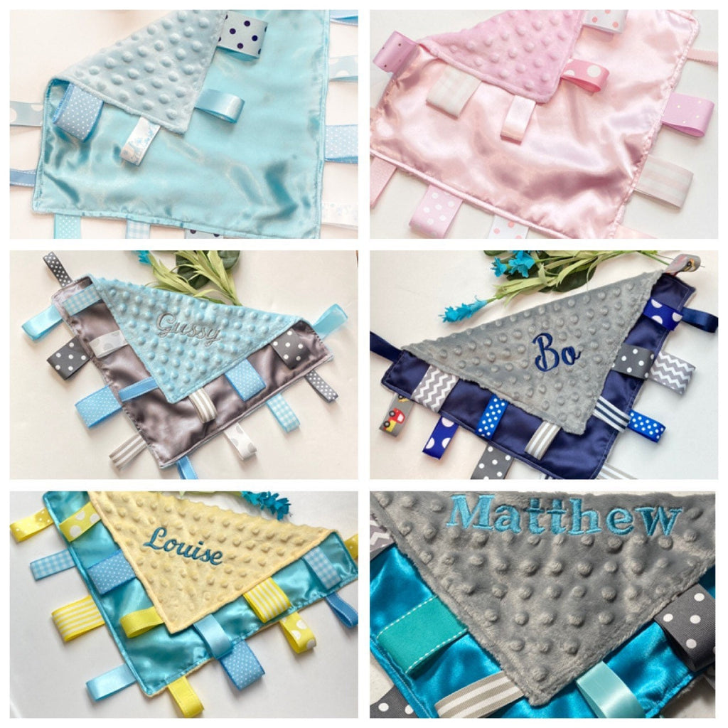 Personalized Satin Minky Ribbon Tag Lovey: 12" Sensory Blanket