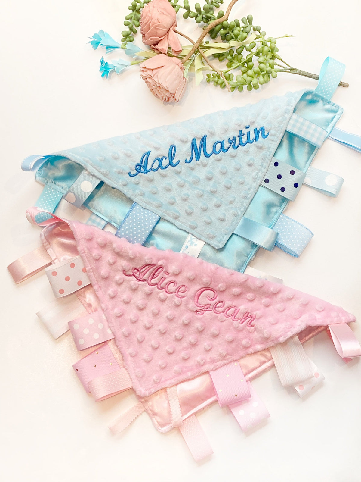 Satin and minky sensory Blanket lovey ribbon tag, personalized sensory toy for baby girl or boy, or perfect twin gift, 12” tag lovey