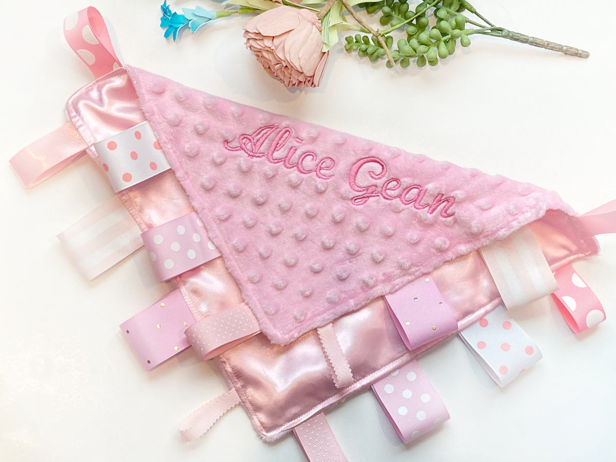 Satin and minky sensory Blanket lovey ribbon tag, personalized sensory toy for baby girl or boy, or perfect twin gift, 12” tag lovey