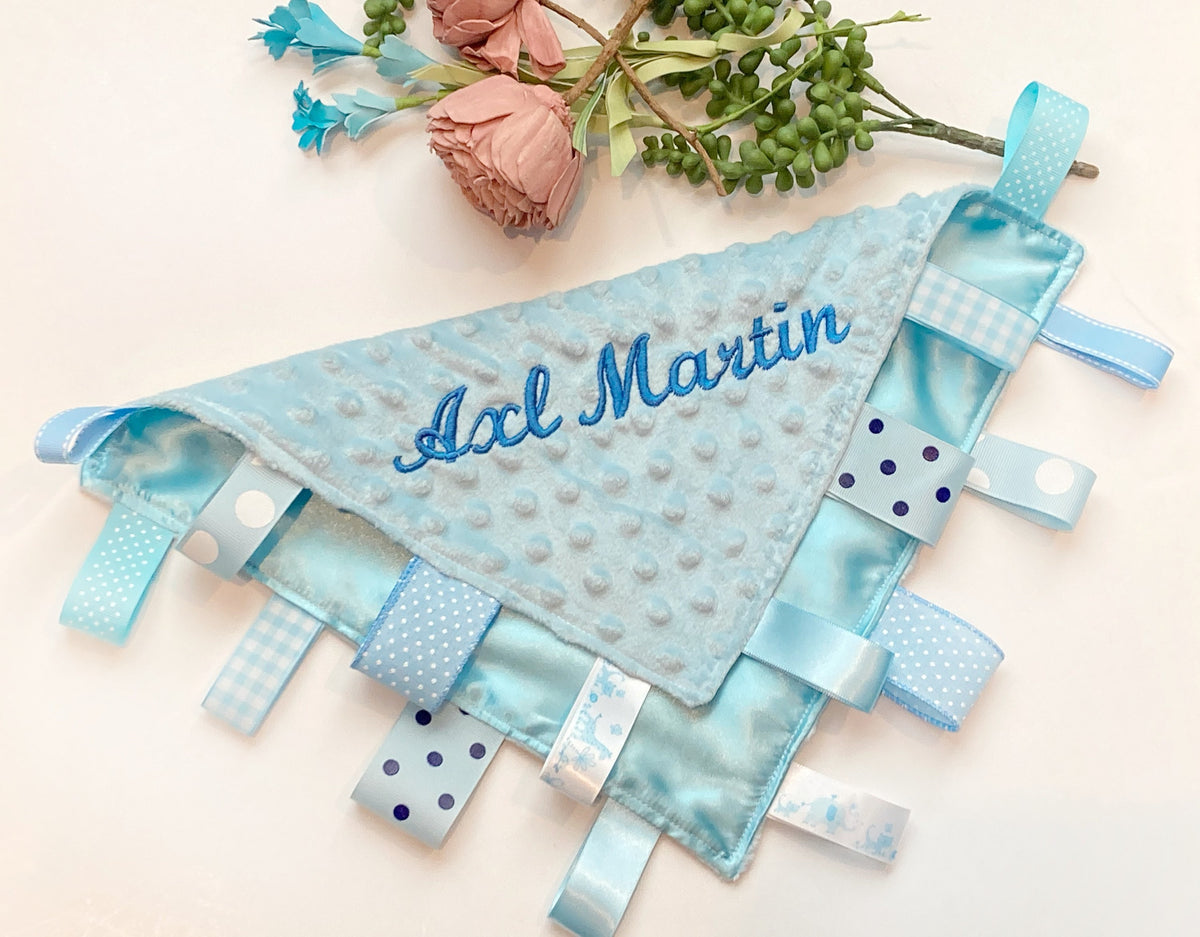 Satin and minky sensory Blanket lovey ribbon tag, personalized sensory toy for baby girl or boy, or perfect twin gift, 12” tag lovey