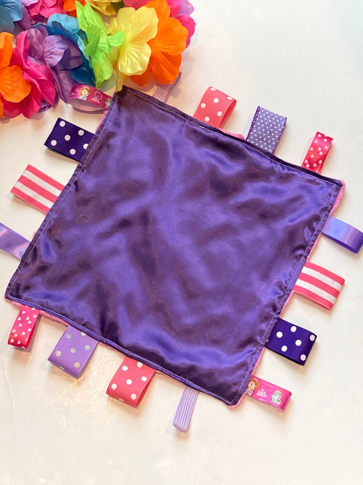 Satin and minky sensory Blanket ribbon tag lovey in hot pink and purple, personalize for baby gift or any age, 12" size, choose colors