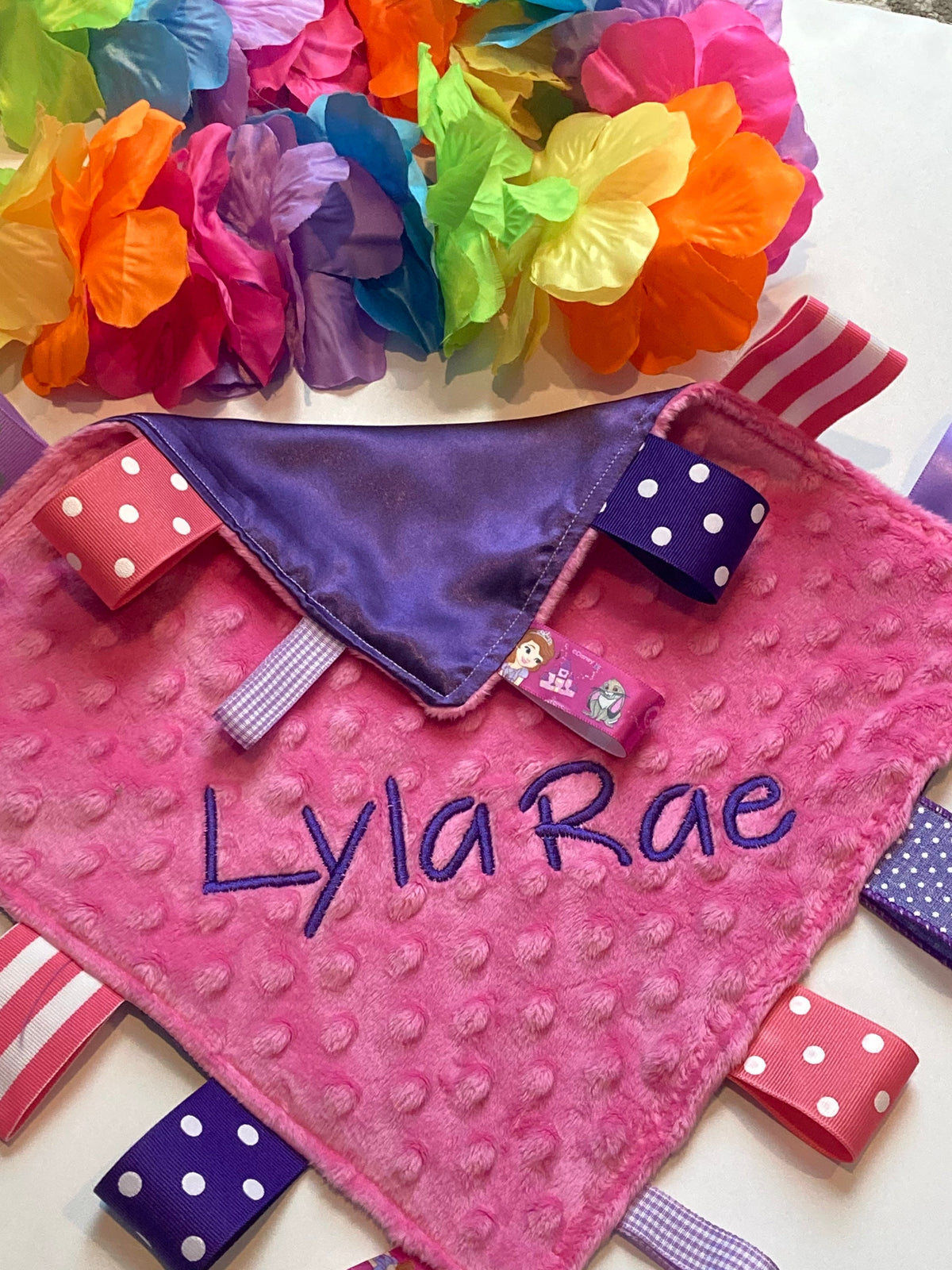 Satin and minky sensory Blanket ribbon tag lovey in hot pink and purple, personalize for baby gift or any age, 12" size, choose colors