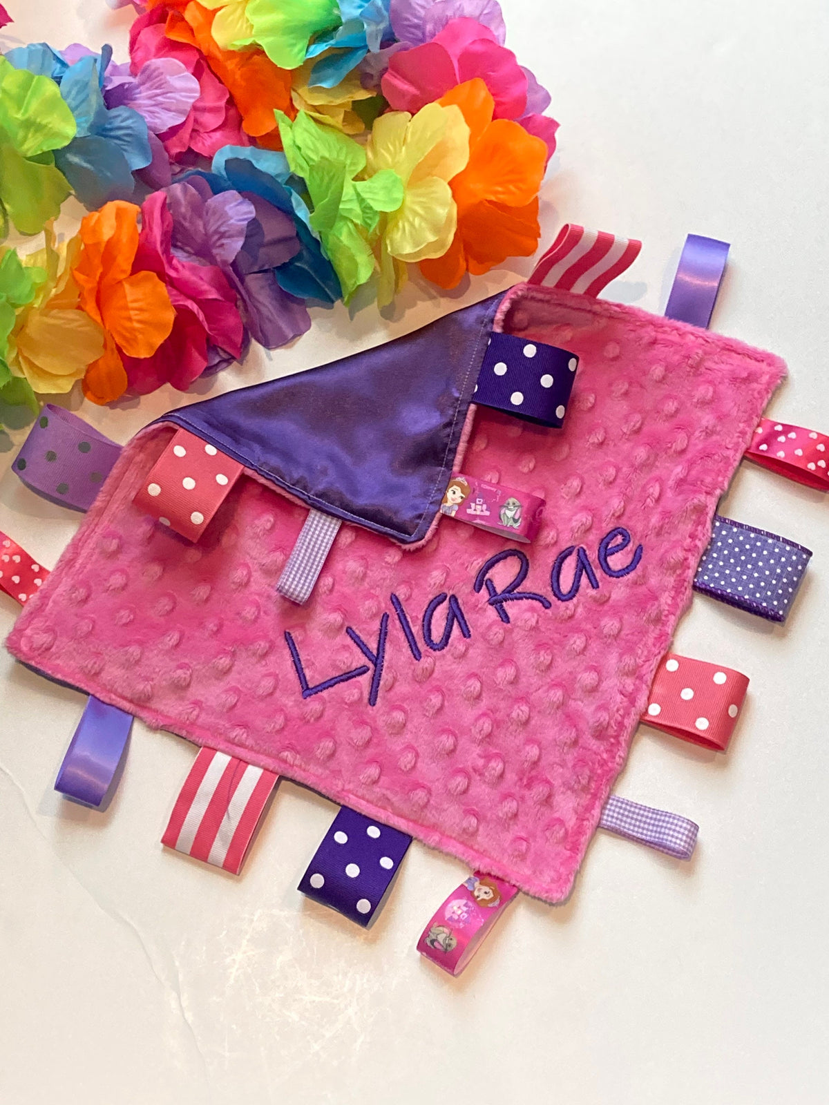 Satin and minky sensory Blanket ribbon tag lovey in hot pink and purple, personalize for baby gift or any age, 12" size, choose colors