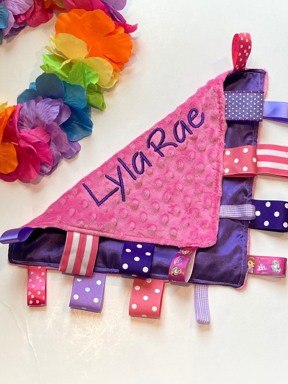 Satin and minky sensory Blanket ribbon tag lovey in hot pink and purple, personalize for baby gift or any age, 12" size, choose colors