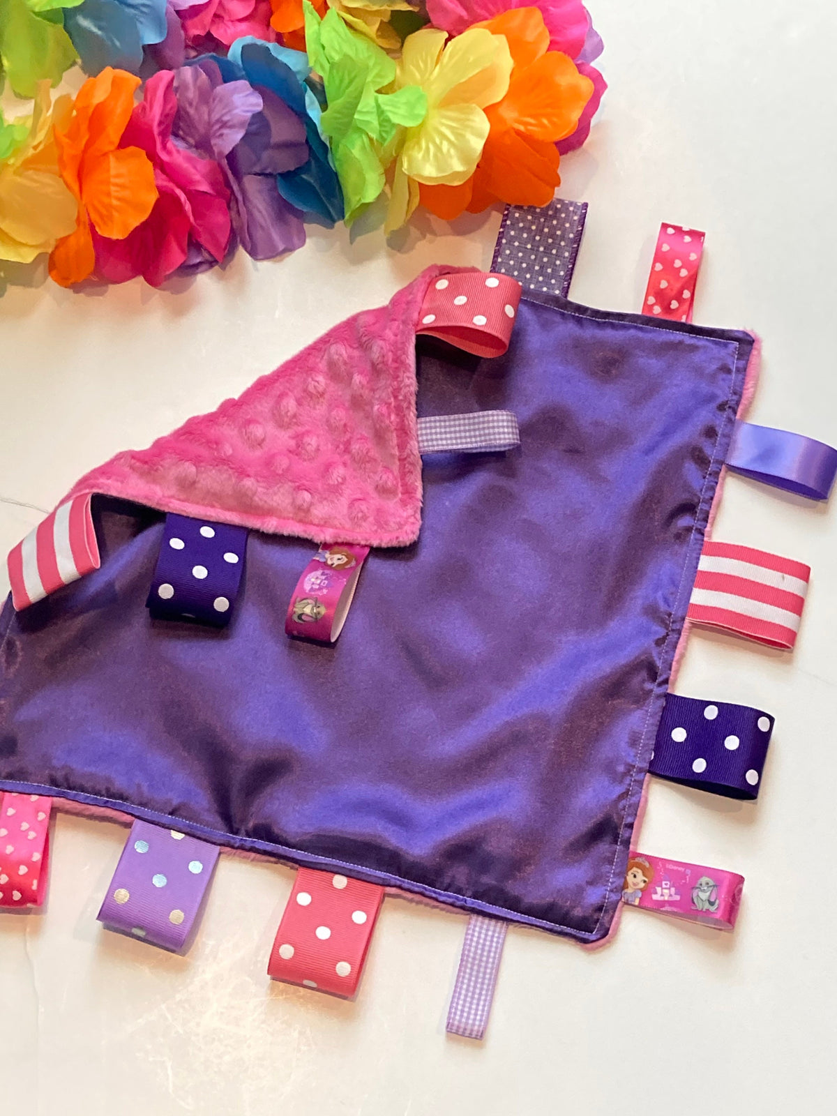 Satin and minky sensory Blanket ribbon tag lovey in hot pink and purple, personalize for baby gift or any age, 12" size, choose colors
