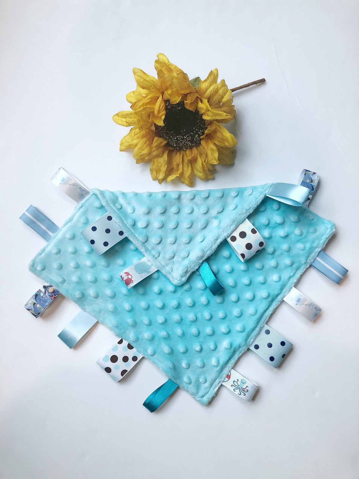 Personalizable double sided minky sensory lovey with ribbon tags for baby boy or girl or even pet, 12" size choose colors