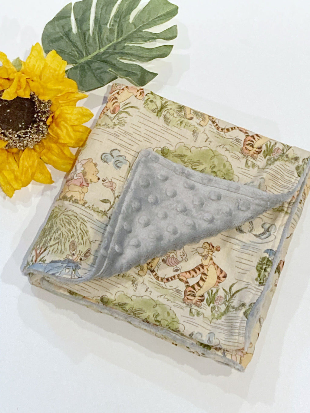 Baby crib Blanket made from Winnie the Pooh fabric for boy or girl, Cotton and gray minky, personalize baby shower gift ~ 28"