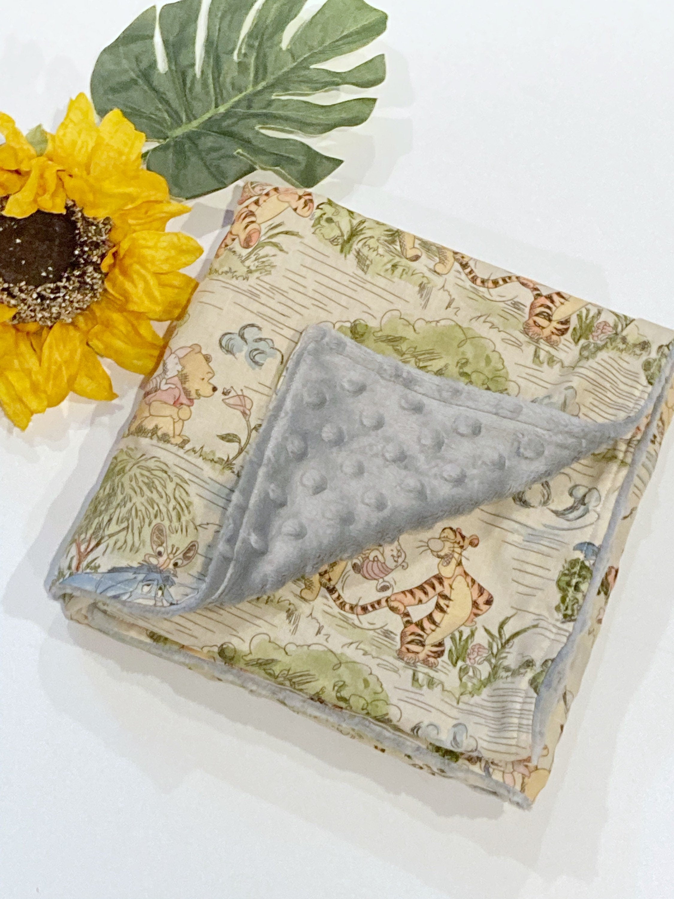 Baby crib Blanket made from Winnie the Pooh fabric for boy or girl, Cotton and gray minky, personalize baby shower gift ~ 28"