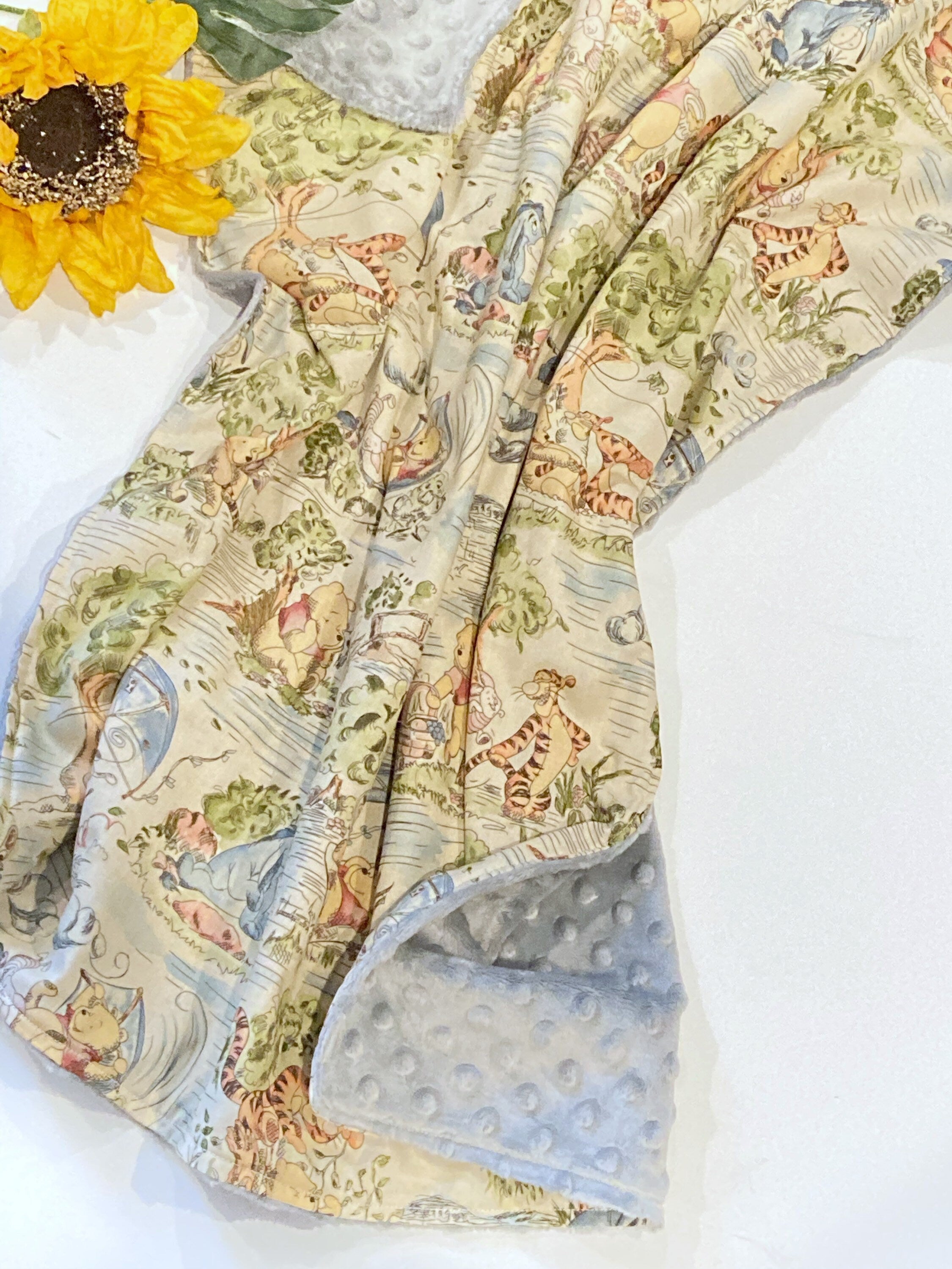 Baby crib Blanket made from Winnie the Pooh fabric for boy or girl, Cotton and gray minky, personalize baby shower gift ~ 28"
