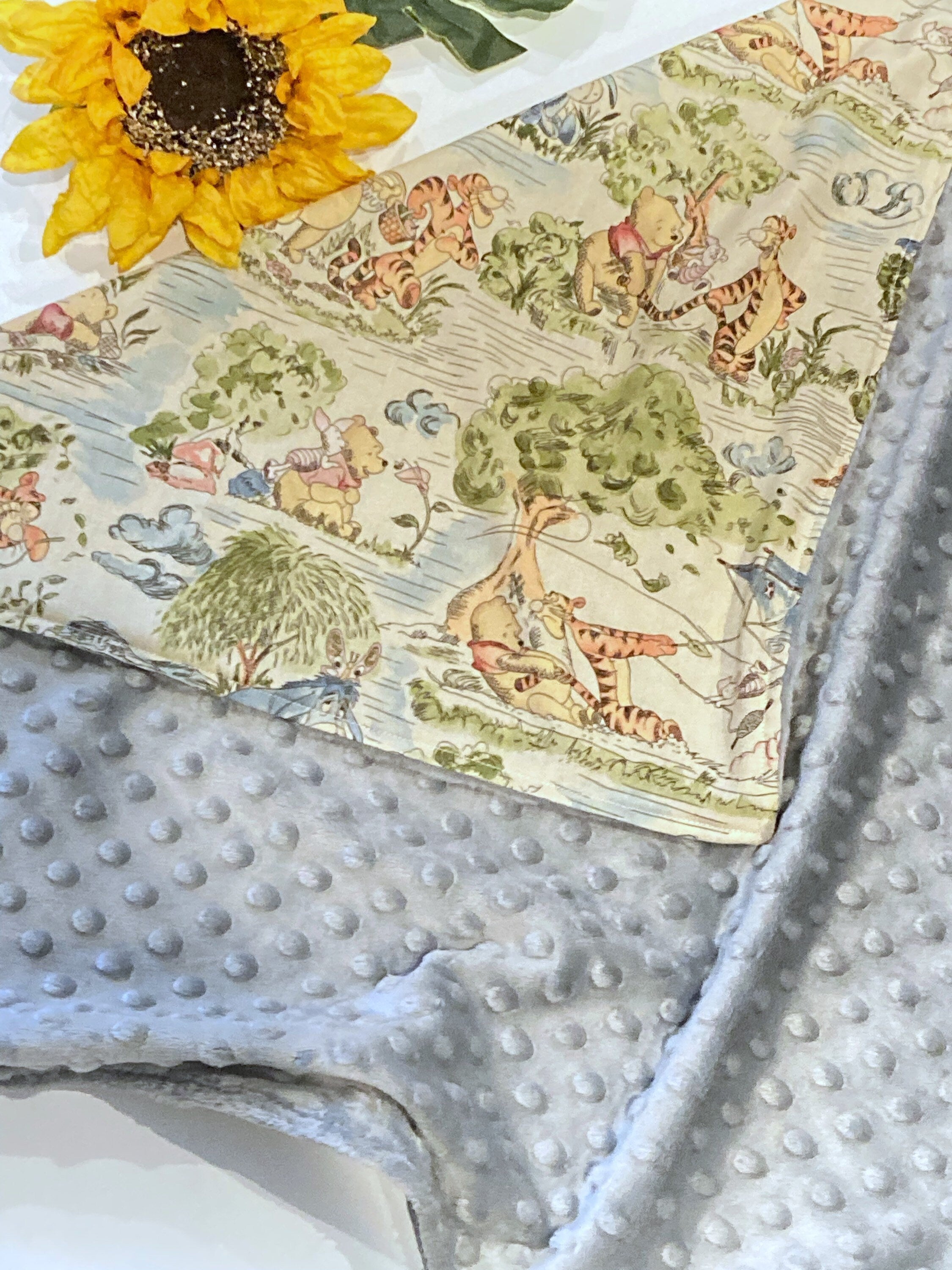 Baby crib Blanket made from Winnie the Pooh fabric for boy or girl, Cotton and gray minky, personalize baby shower gift ~ 28"