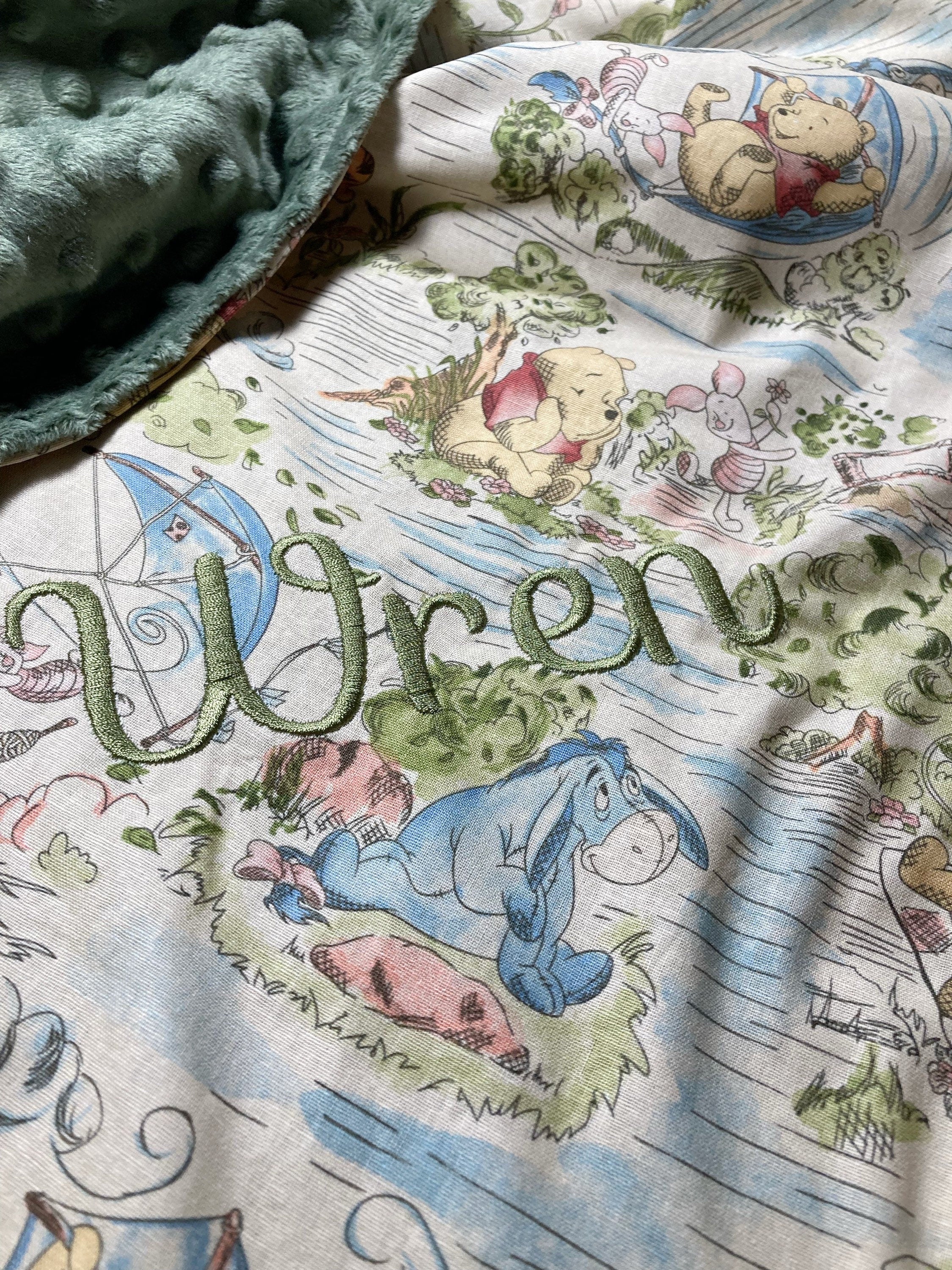 Baby crib Blanket made from Winnie the Pooh fabric for boy or girl, Cotton and gray minky, personalize baby shower gift ~ 28"