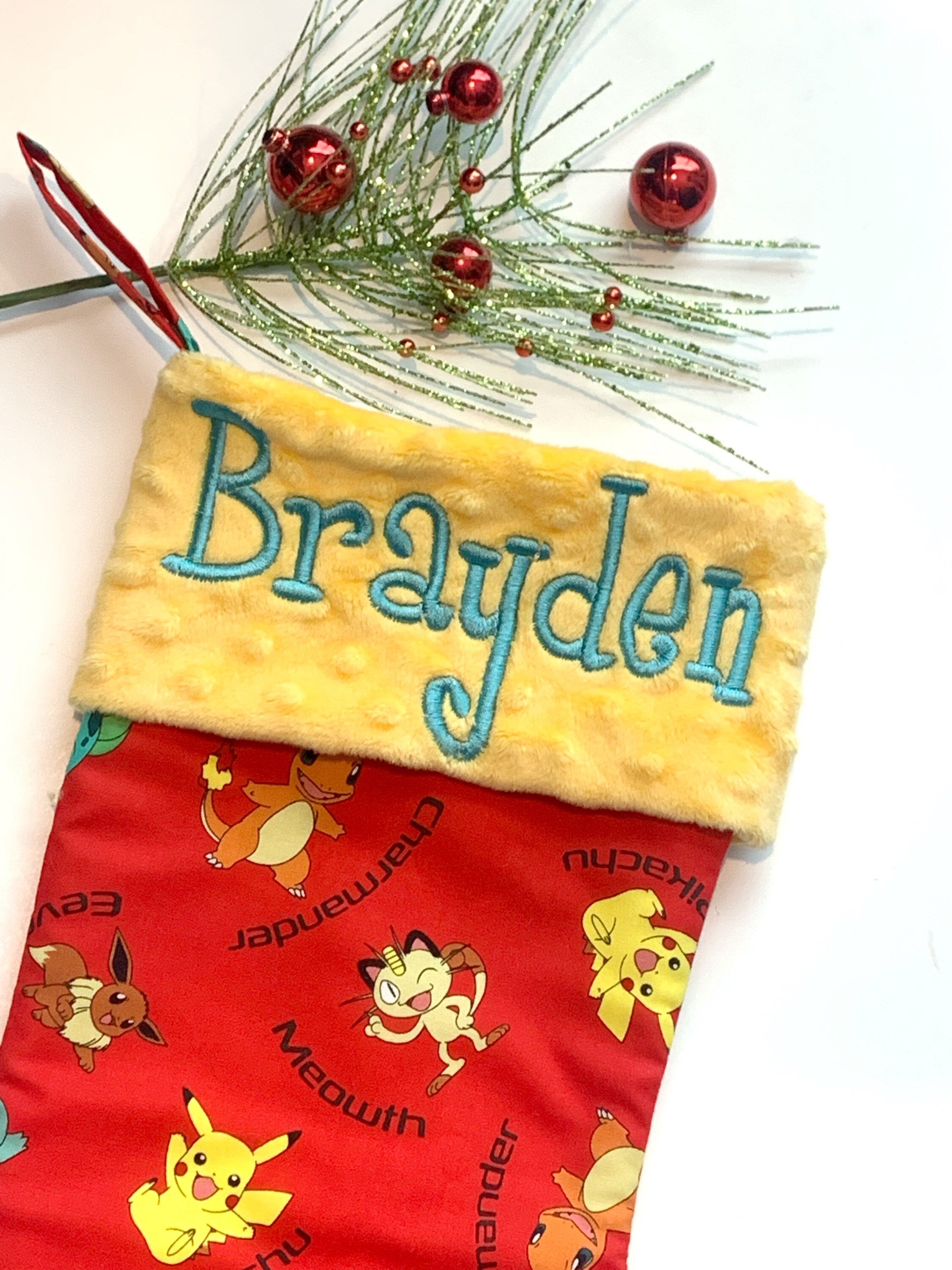 Personalized Christmas stocking made from red Pokemon fabric fully lined, Pikachu in Cotton with Minky cuff, 18” large stocking for gamer