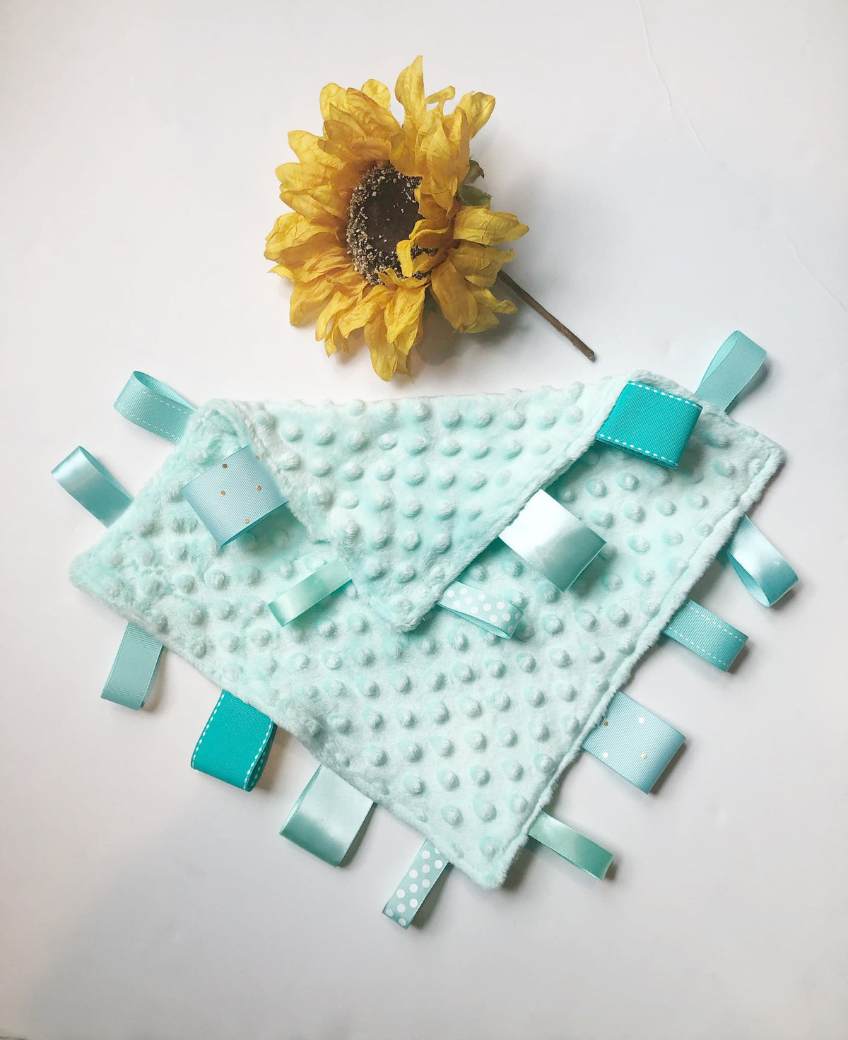 Personalizable double sided minky sensory lovey with ribbon tags for baby boy or girl or even pet, 12" size choose colors