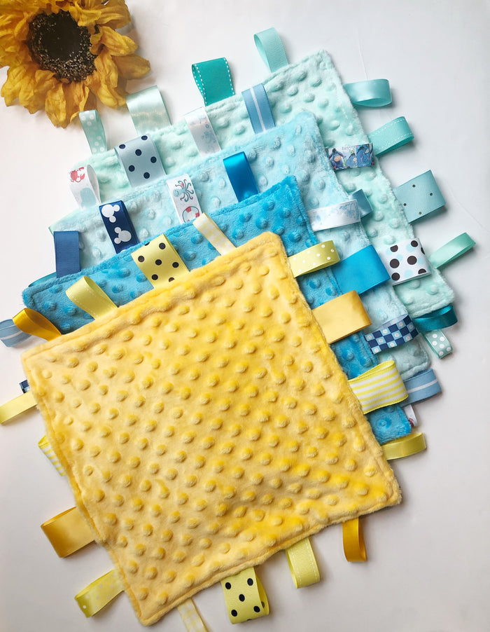 Personalizable double sided minky sensory lovey with ribbon tags for baby boy or girl or even pet, 12" size choose colors