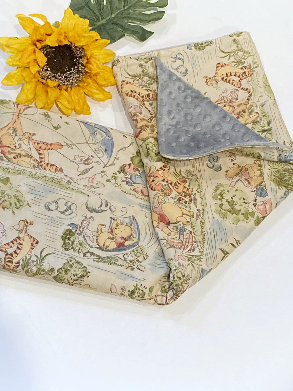 Baby crib Blanket made from Winnie the Pooh fabric for boy or girl, Cotton and gray minky, personalize baby shower gift ~ 28"