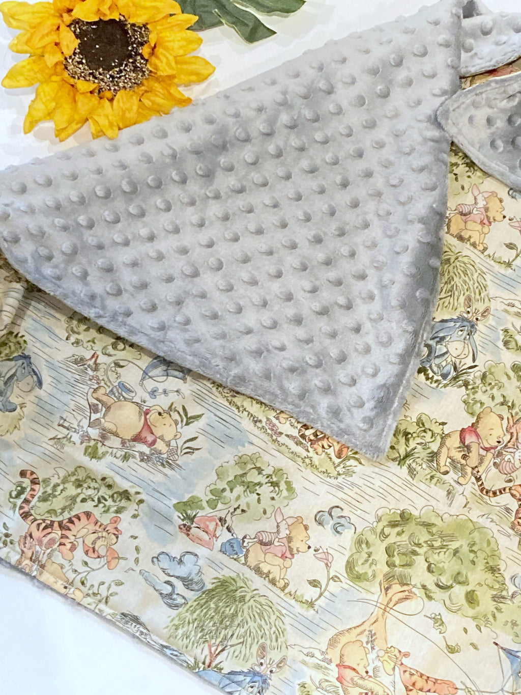Baby crib Blanket made from Winnie the Pooh fabric for boy or girl, Cotton and gray minky, personalize baby shower gift ~ 28"