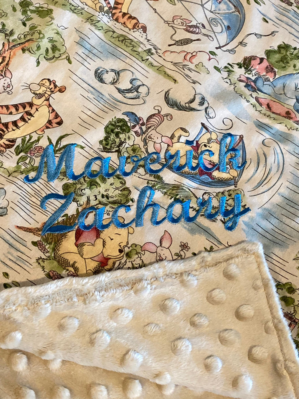 Baby crib Blanket made from Winnie the Pooh fabric for boy or girl, Cotton and gray minky, personalize baby shower gift ~ 28"