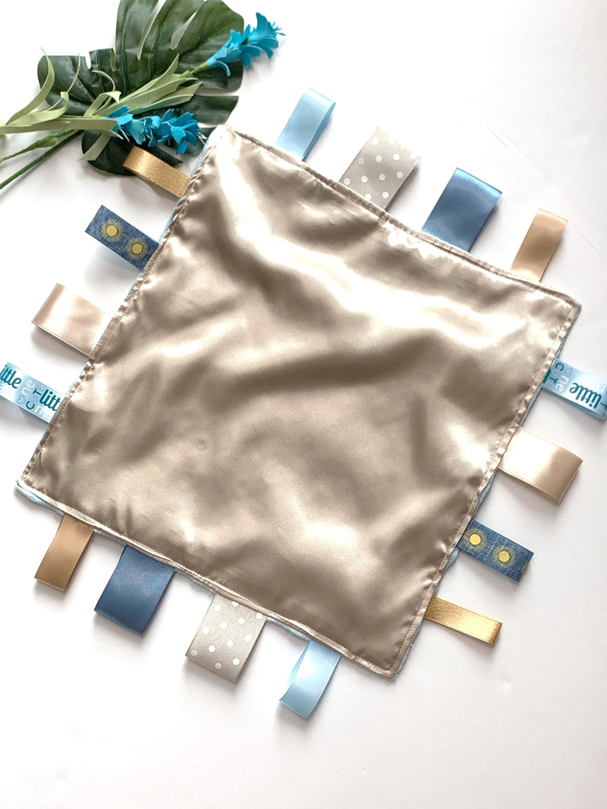 Satin and minky sensory lovey in khaki and blue with ribbon tags, personalize toy, baby child elderly gift, for boy or girl, 12" more colors