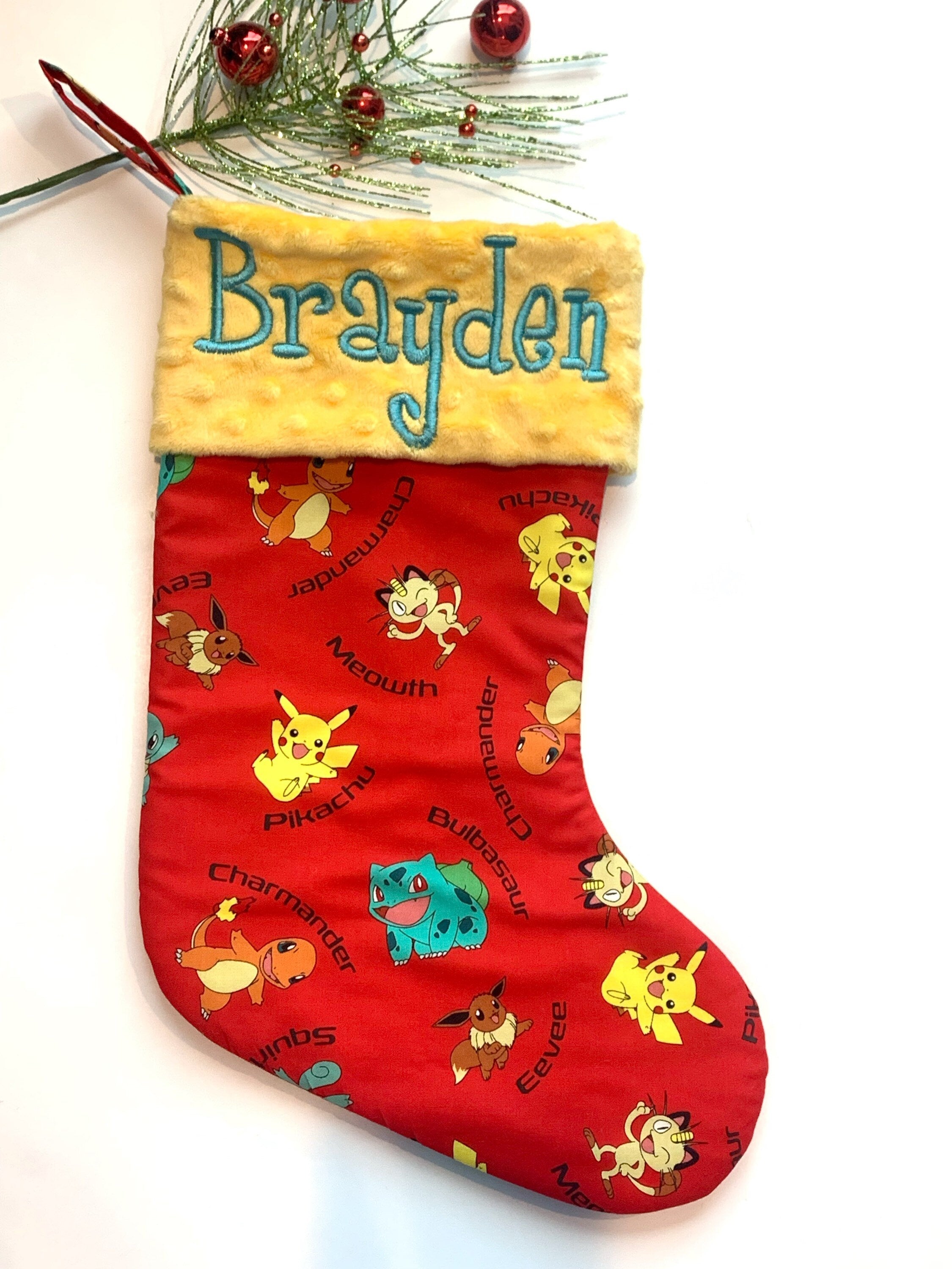 Personalized Christmas stocking made from red Pokemon fabric fully lined, Pikachu in Cotton with Minky cuff, 18” large stocking for gamer