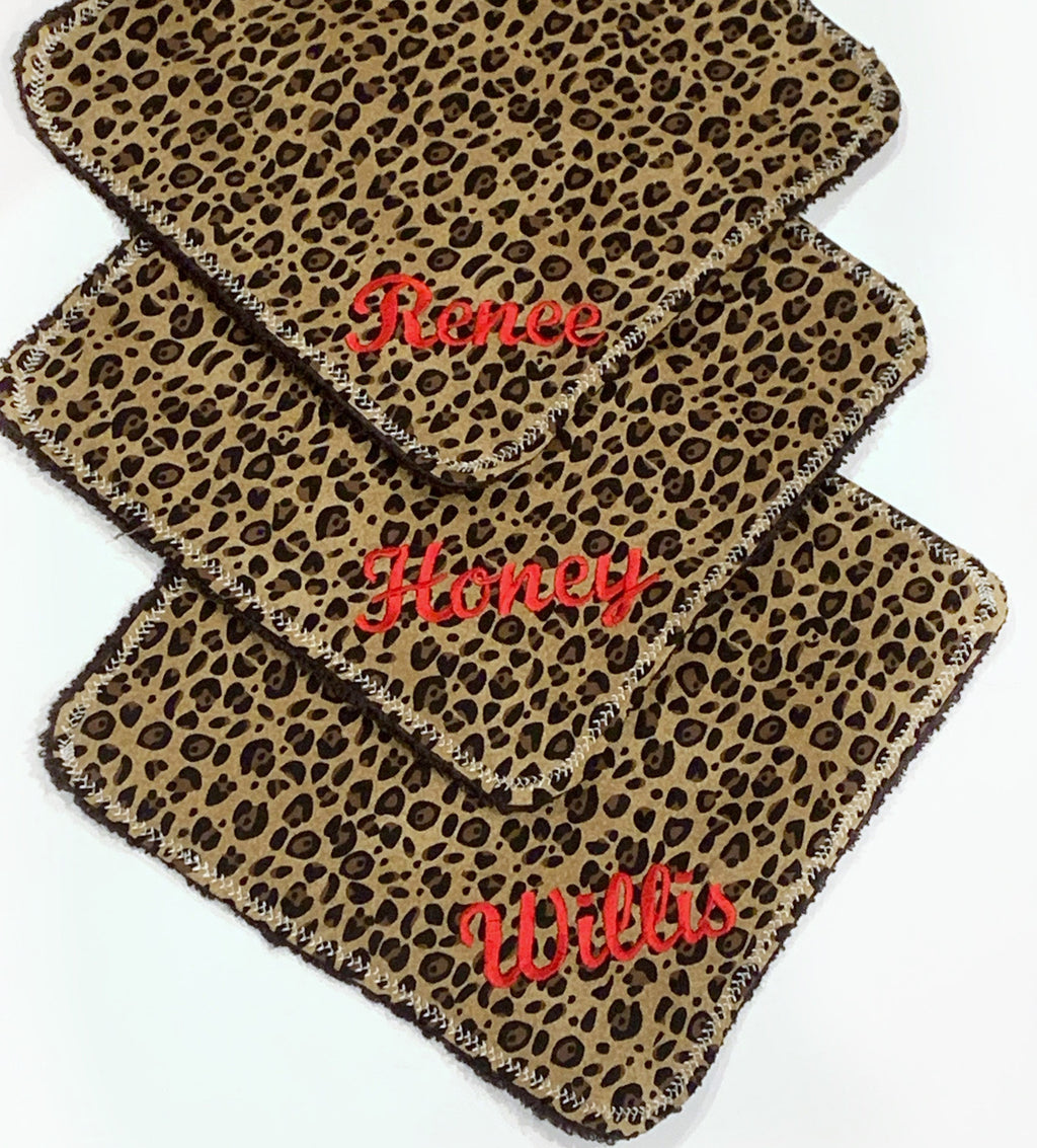 Personalize make up removal wash cloths in leopard cotton print with terry cloth back, mom gift set of 3, special gift with monogram option