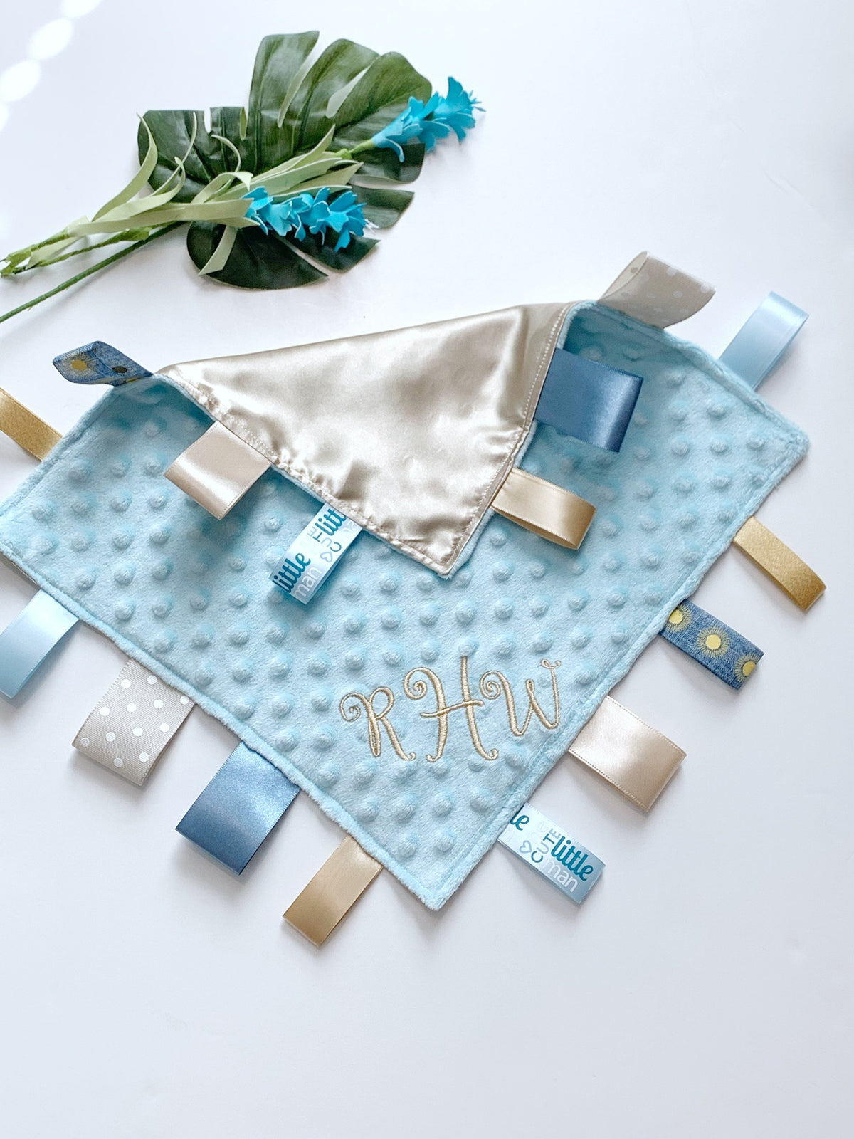 Satin and minky sensory lovey in khaki and blue with ribbon tags, personalize toy, baby child elderly gift, for boy or girl, 12" more colors