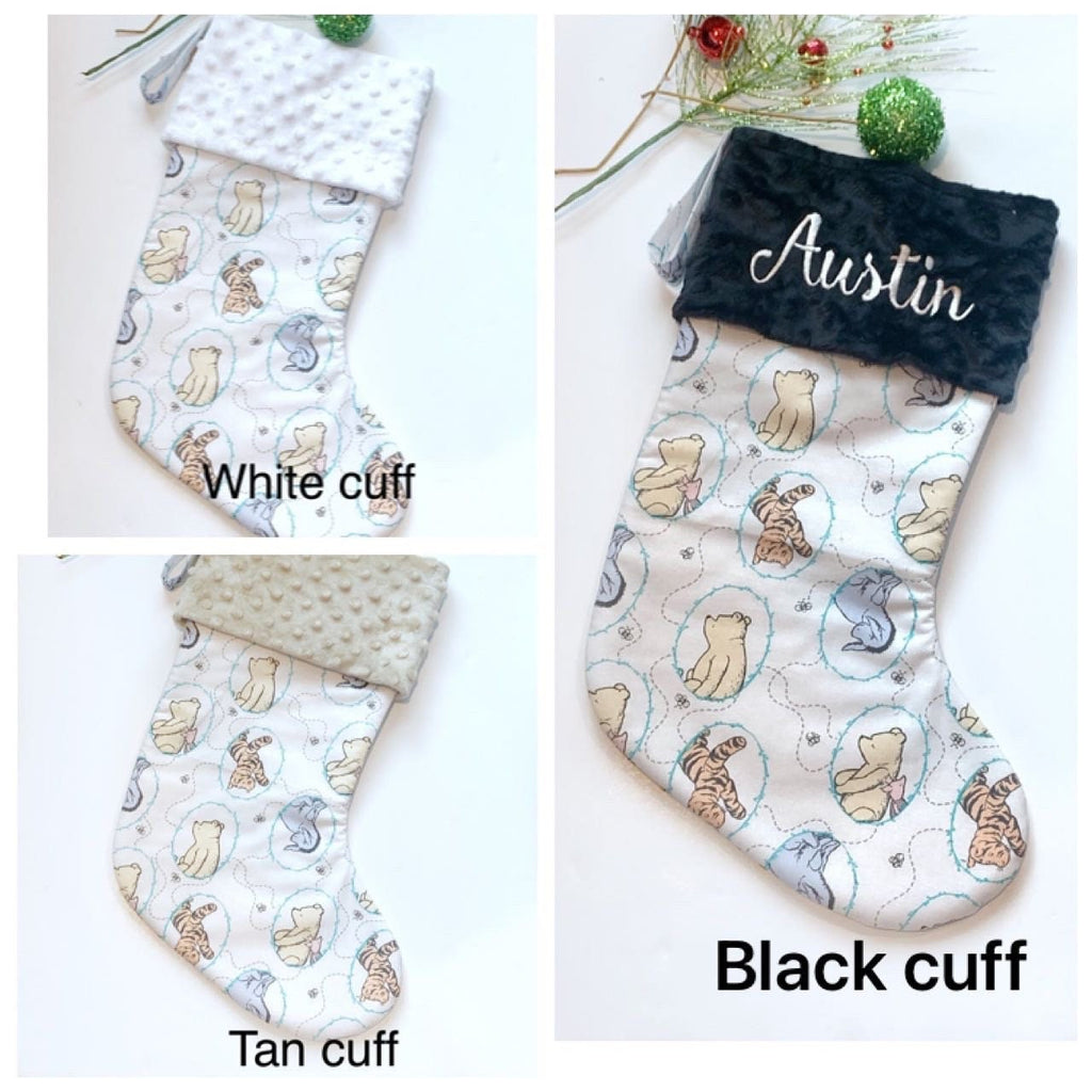 Christmas stocking made from classic Winnie the Pooh fabric, personalize, fully lined for boy girl or adult, First Christmas, choose cuff