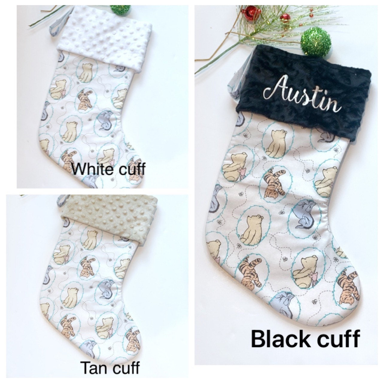 Personalized Christmas stocking baby toddler child made from classic Winnie the Pooh fabric lined for girl boy or adult in Cotton and Minky