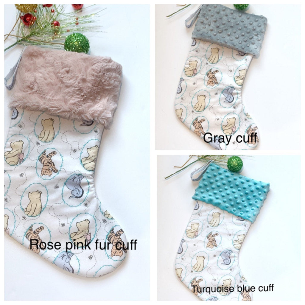 Personalized Christmas stocking baby toddler child made from classic Winnie the Pooh fabric lined for girl boy or adult in Cotton and Minky