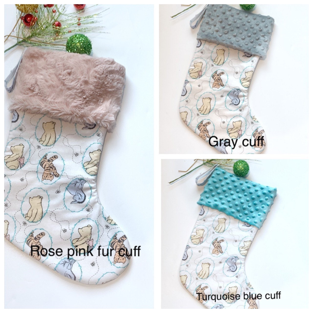 Personalized Christmas stocking baby toddler child made from classic Winnie the Pooh fabric lined for girl boy or adult in Cotton and Minky