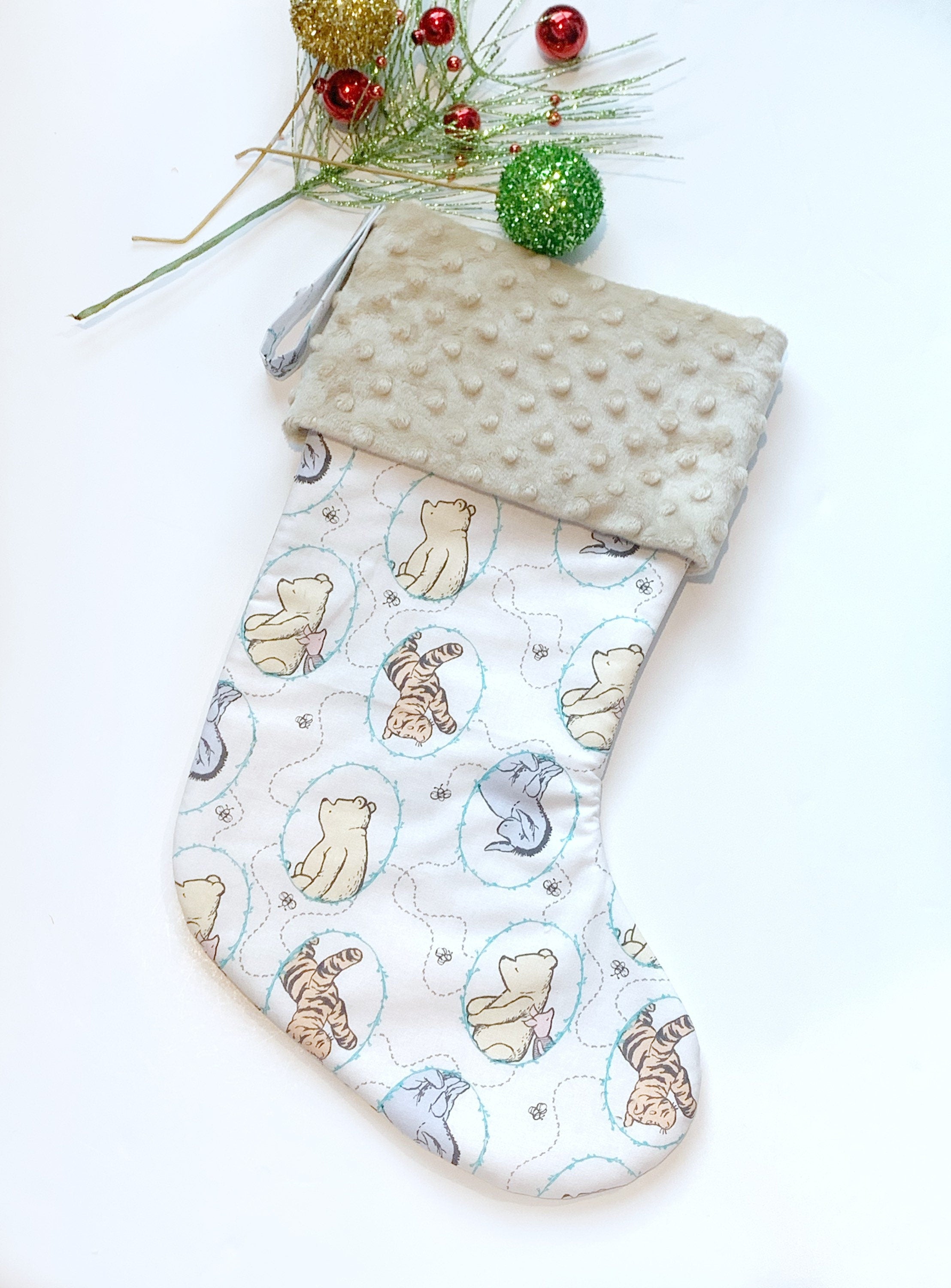 Personalized Christmas stocking baby toddler child made from classic Winnie the Pooh fabric lined for girl boy or adult in Cotton and Minky
