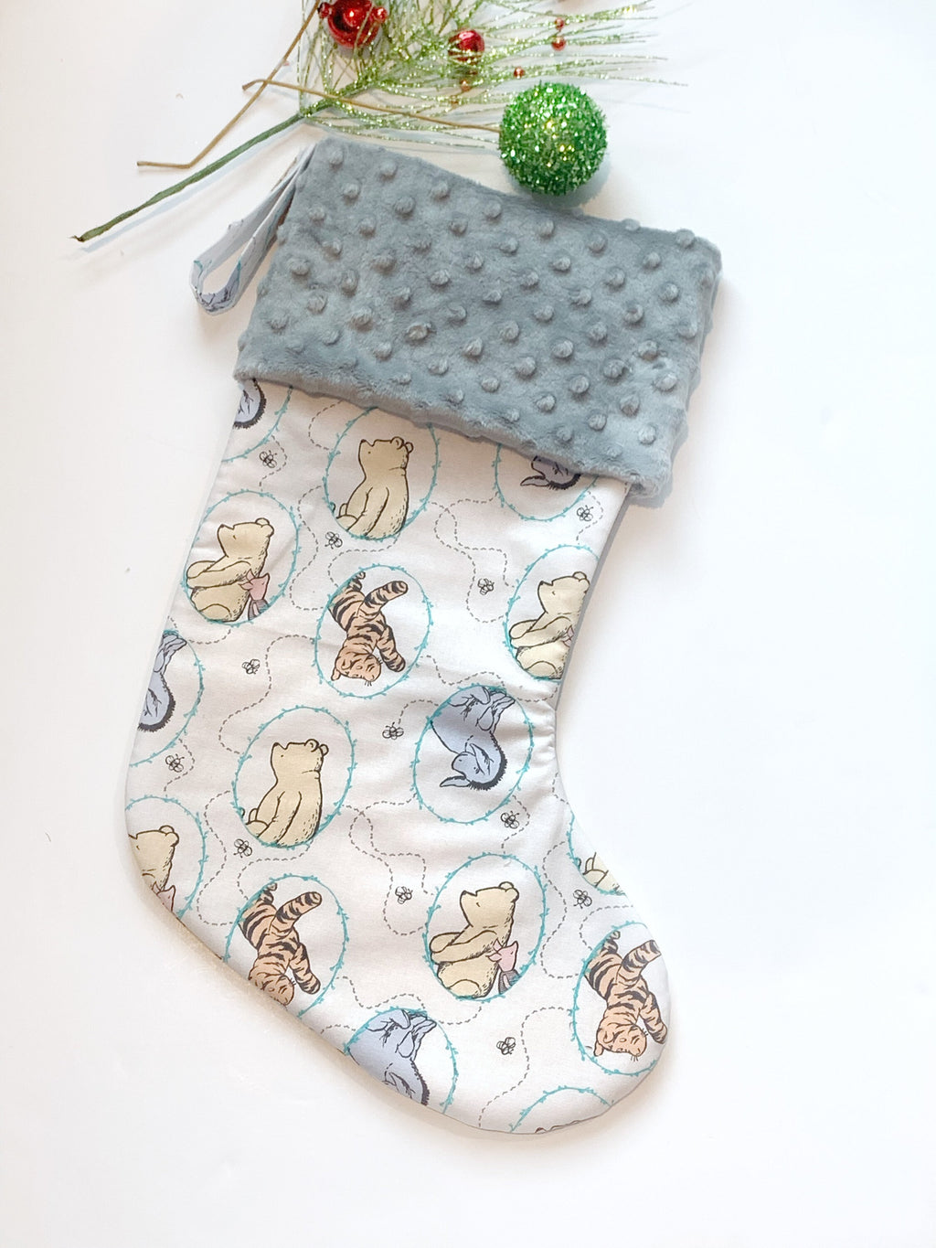 Personalized Christmas stocking baby toddler child made from classic Winnie the Pooh fabric lined for girl boy or adult in Cotton and Minky