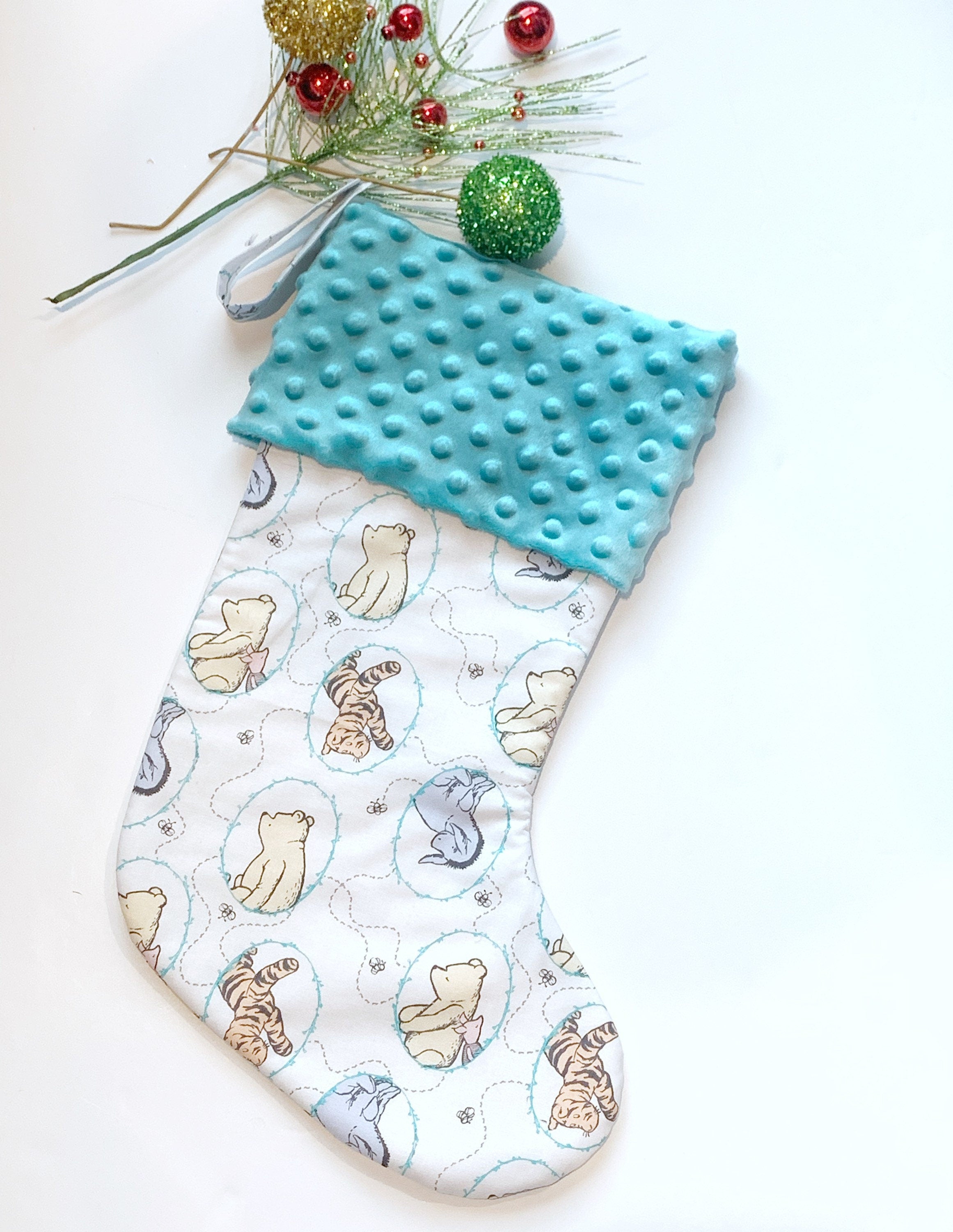 Personalized Christmas stocking baby toddler child made from classic Winnie the Pooh fabric lined for girl boy or adult in Cotton and Minky