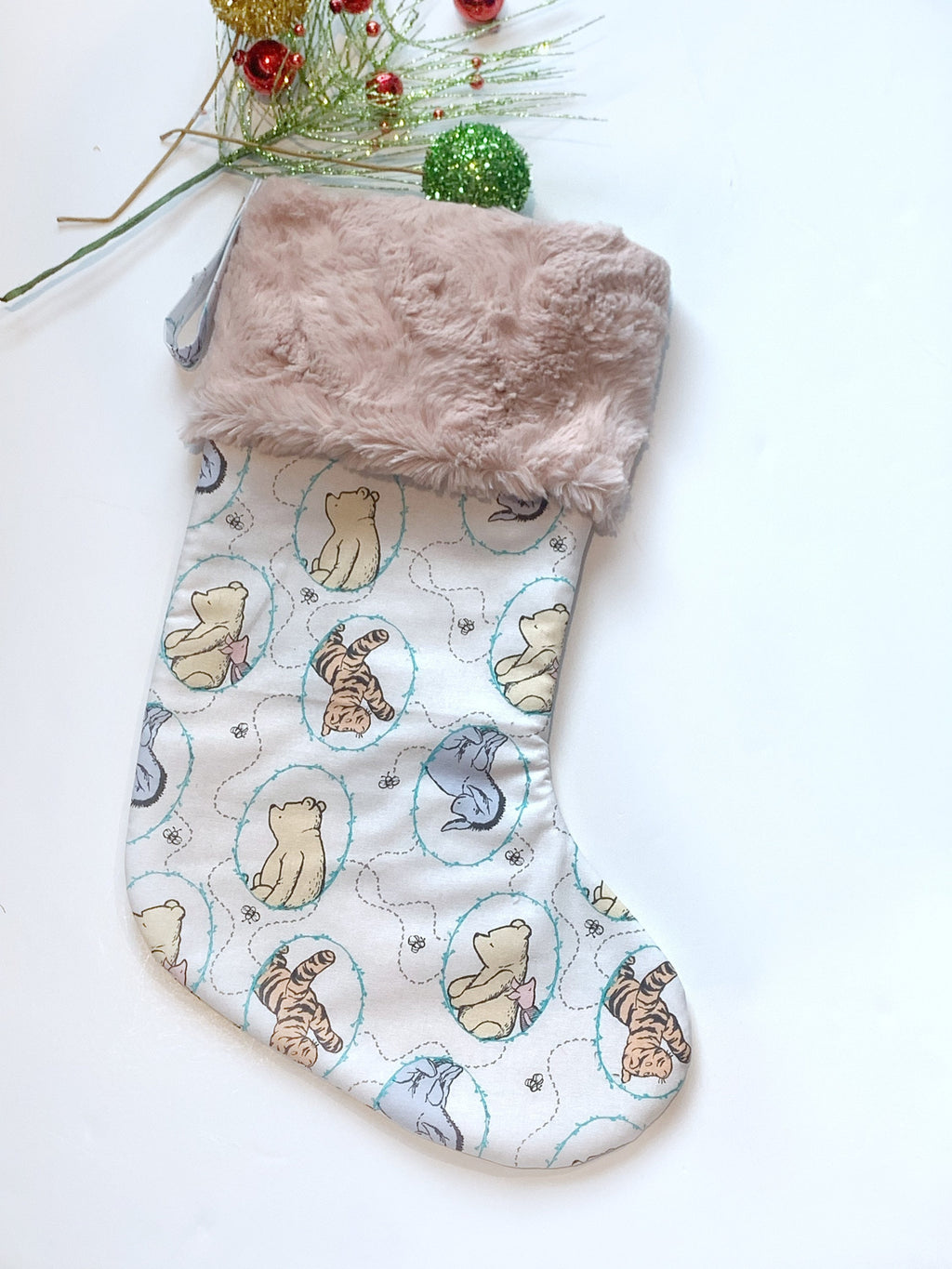Personalized Christmas stocking baby toddler child made from classic Winnie the Pooh fabric lined for girl boy or adult in Cotton and Minky