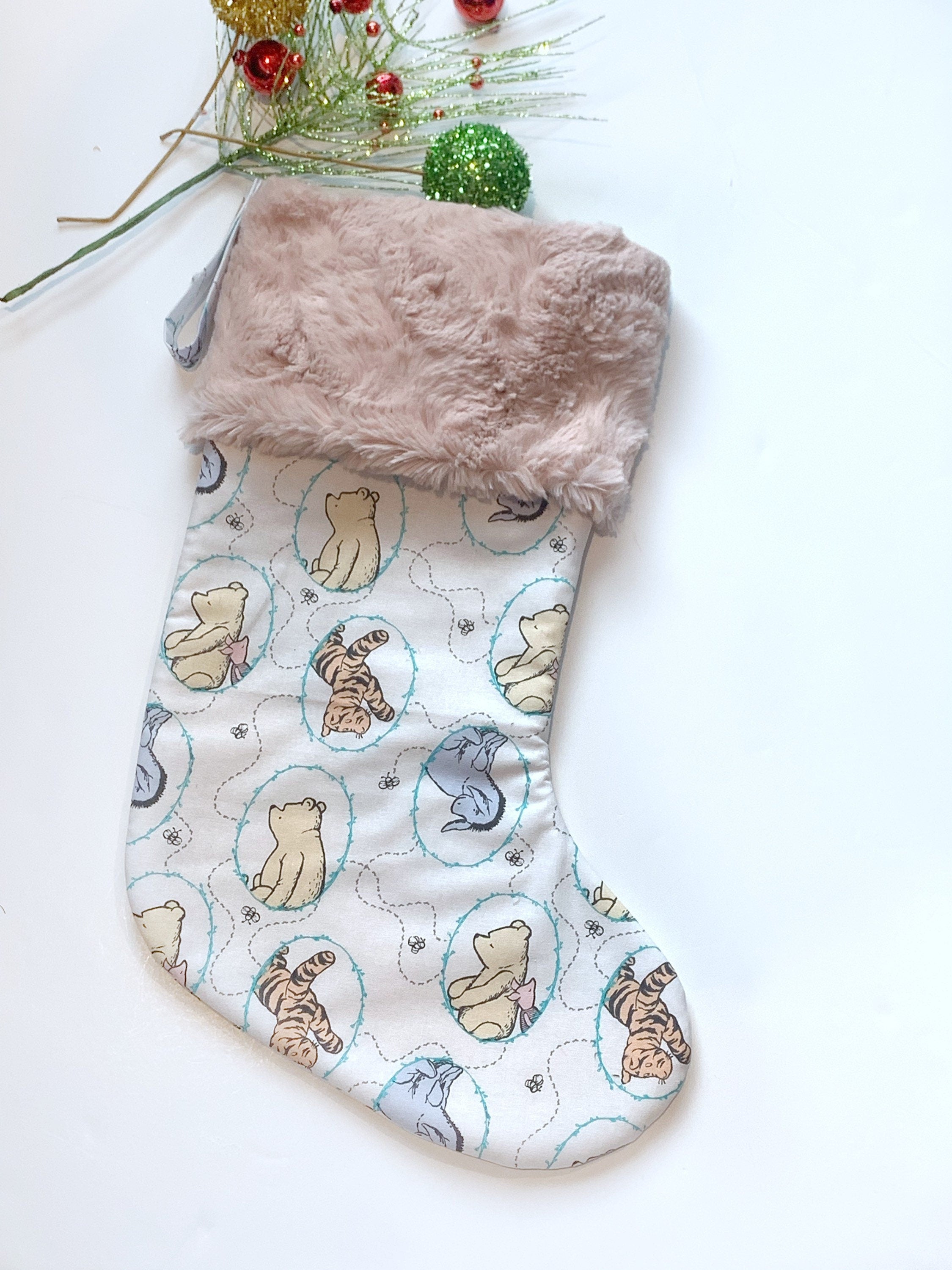 Personalized Christmas stocking baby toddler child made from classic Winnie the Pooh fabric lined for girl boy or adult in Cotton and Minky
