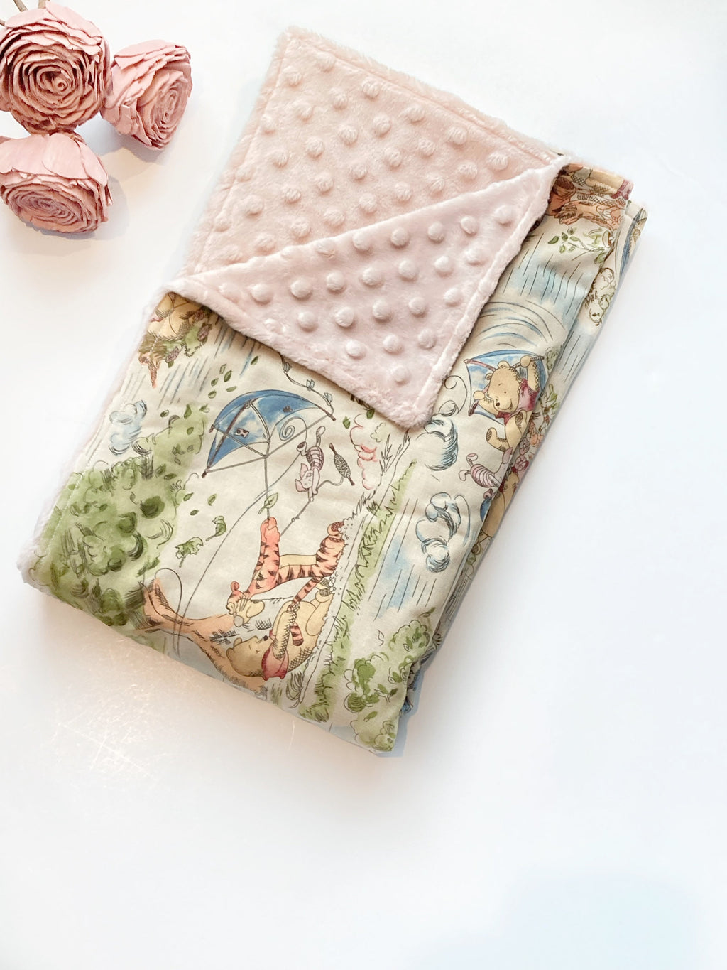 Baby blanket nursery bedding made from Winnie the Pooh fabric for boy or girl in Cotton and soft blush pink minky, personalized gift