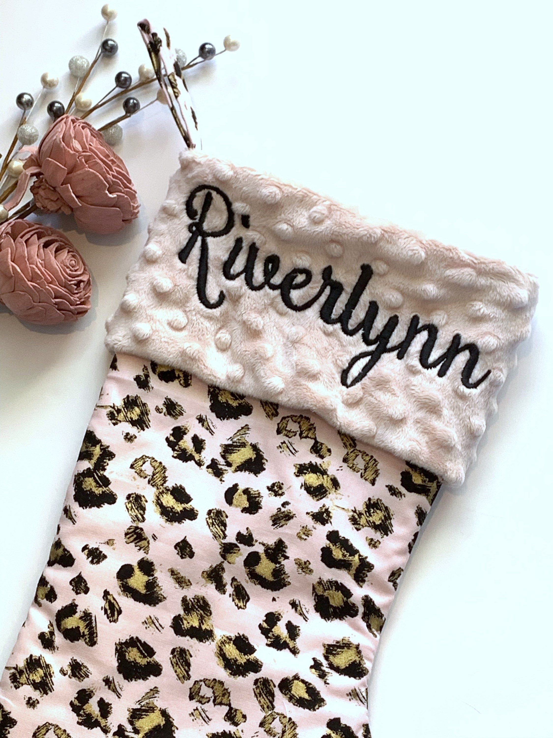 Personalize Rose gold Leopard Christmas stocking with minky or  fur cuff and fully lined 18” size, exotic animal print family holiday decor