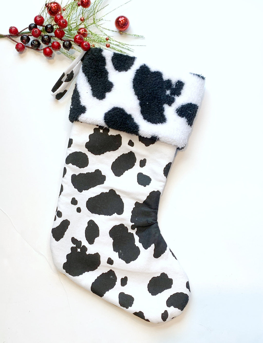 Personalized Christmas stocking in flannel cow spot print fabric, fully lined with minky dot cuff, 18” length, unique stocking, choose cuff