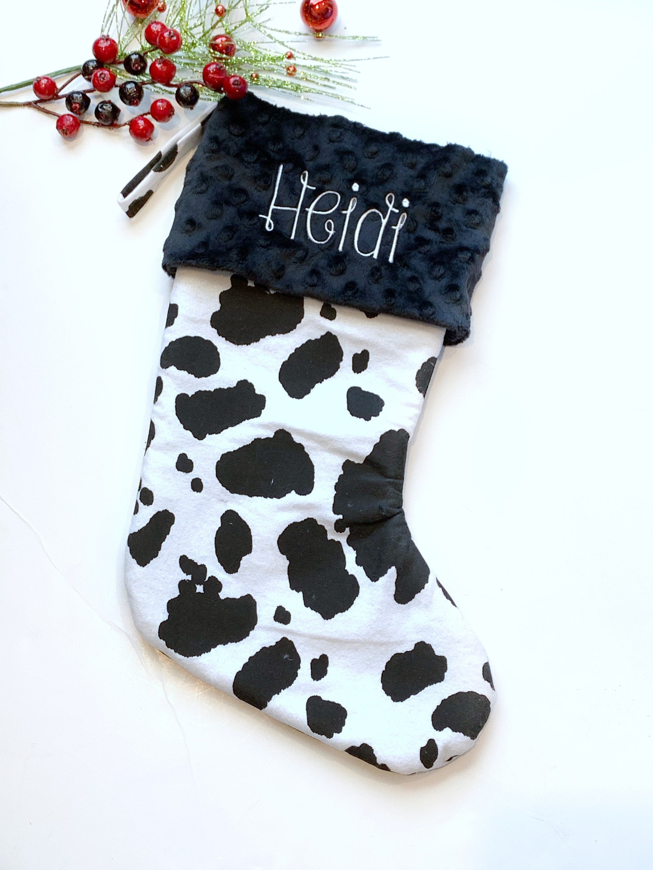 Personalized Christmas stocking in flannel cow spot print fabric, fully lined with minky dot cuff, 18” length, unique stocking, choose cuff