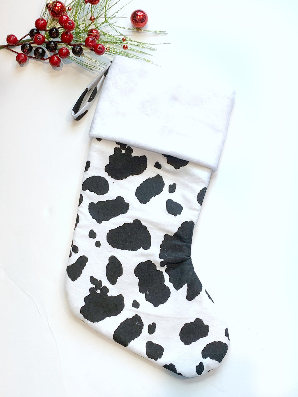 Personalized Christmas stocking in flannel cow spot print fabric, fully lined with minky dot cuff, 18” length, unique stocking, choose cuff