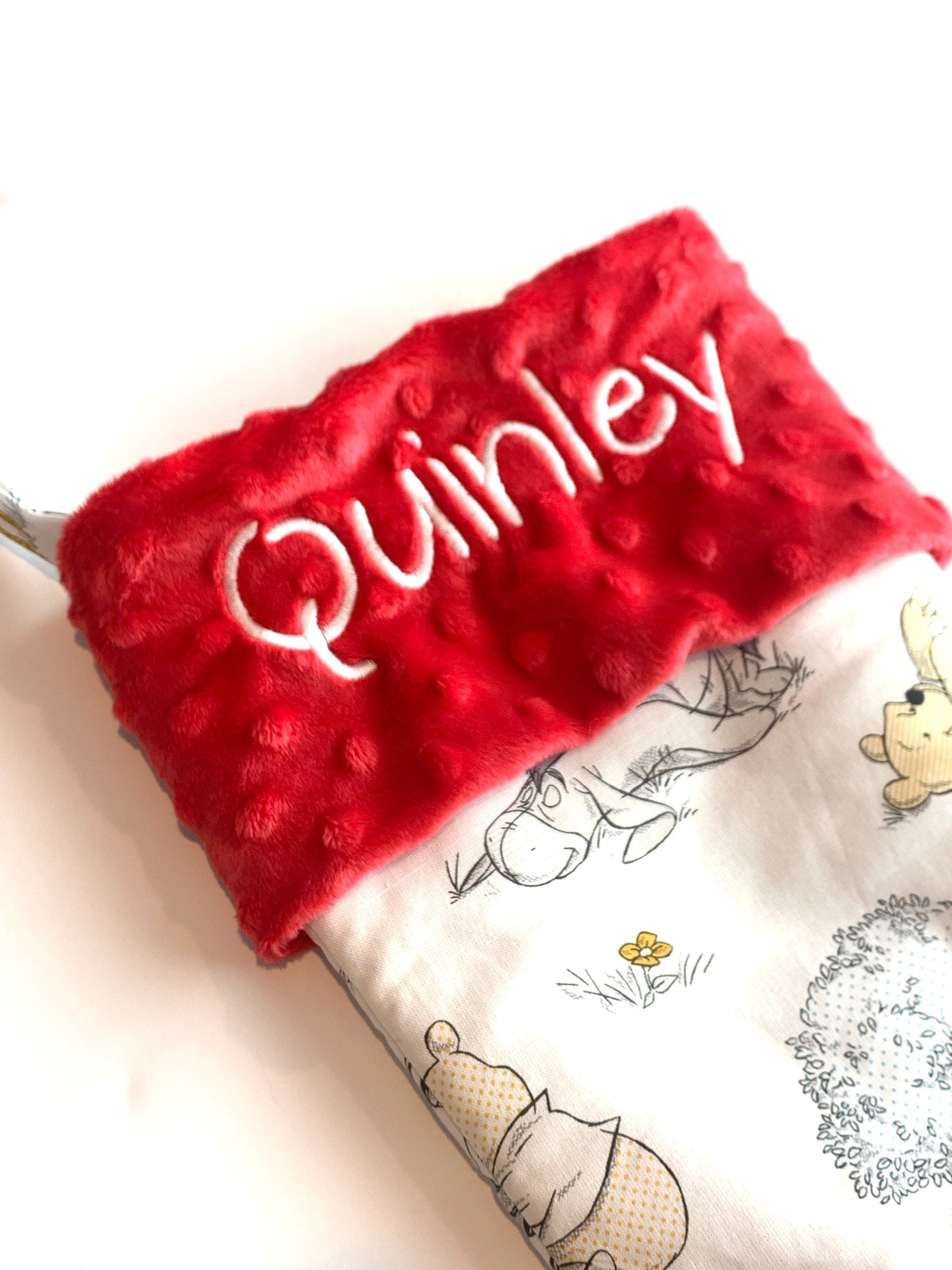 Christmas stocking for baby to adult, personalized made from Winnie the Pooh neutrals fabric, fully lined, boy girl, First Christmas